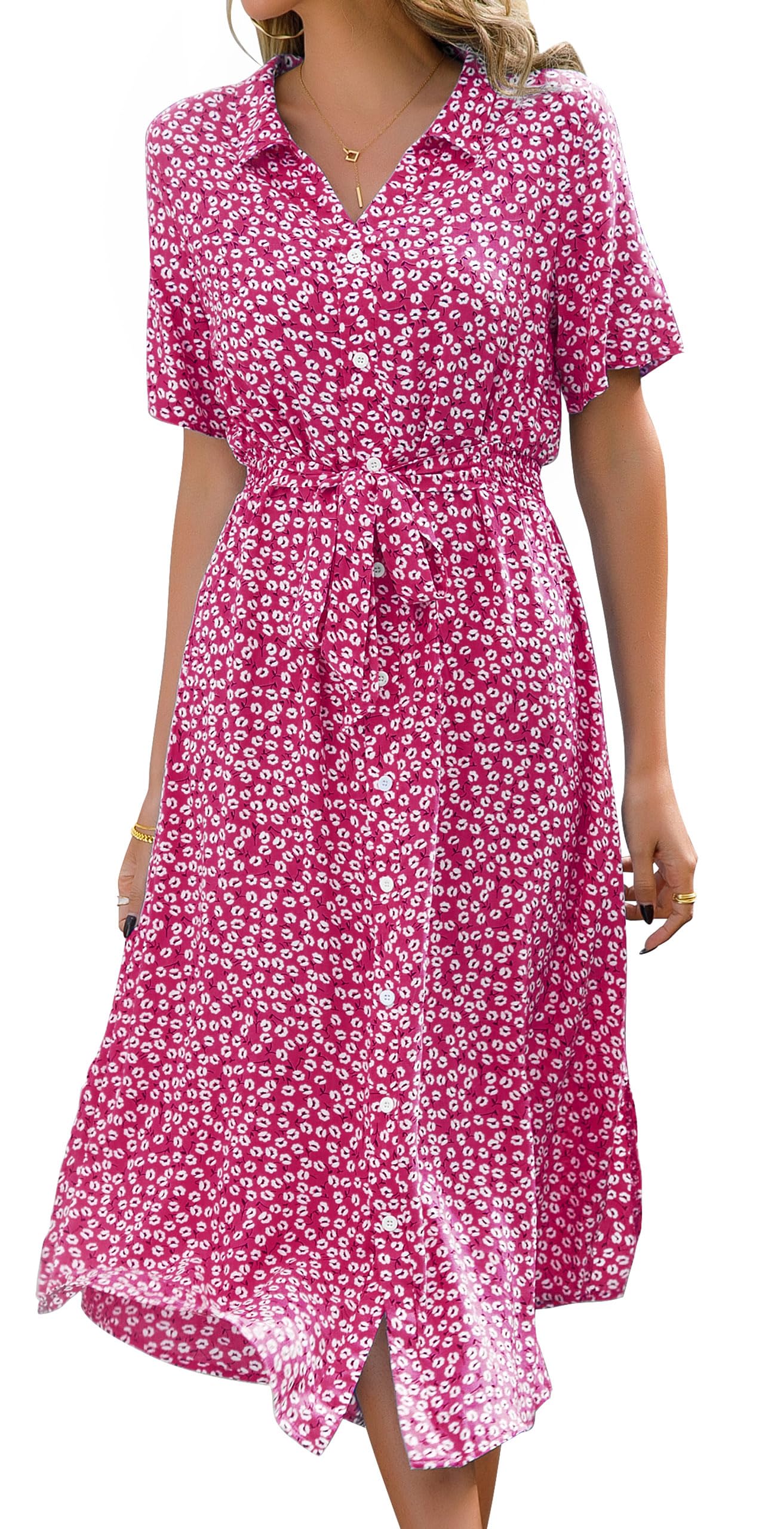 Livonmone Vestido de verano para mujer, manga corta, informal, cuello en V, estampado floral, vestido de playa, sexy, vestido de cóctel, vestido de fiesta con cinturón