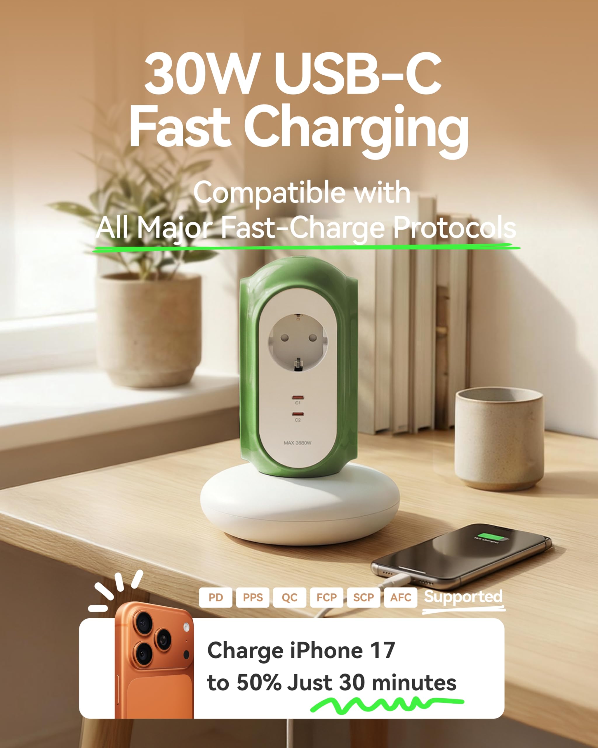 MiaoLab Regleta Eléctrica en Torre con 3 Tomas AC y 2 USB-C (Carga Rápida 30W), 3680W/16A, Protección contra Sobretensiones 1420J, Cable de Extensión 2 m, Protección contra Sobreca (Verde Normandia) — view 2