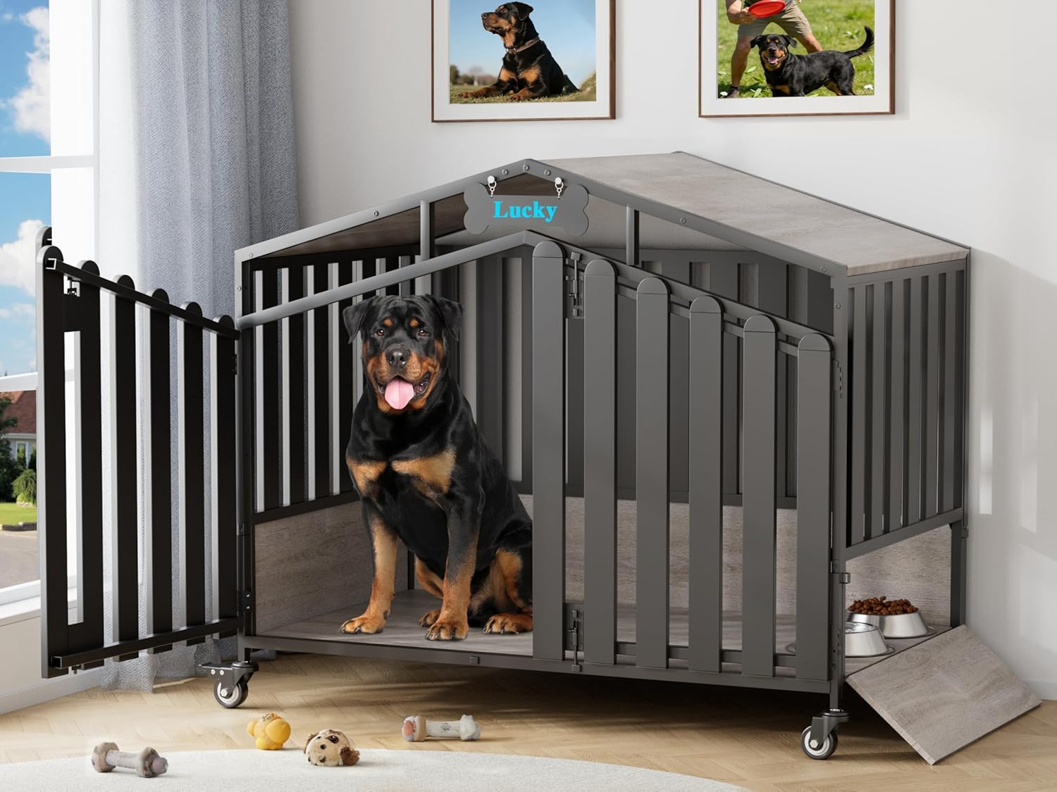 EasyCom 48" XXL Heavy Duty Dog Crate Furniture, Dogs Kennel Indoor with 360° Wheels, Dog Kennels for Large Dogs(Over 60lb), Dog Crate with Feeding Window and Name Tag, Dog House, Oak Grey