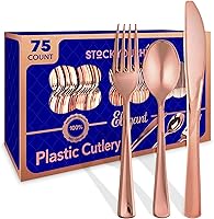 Vista 16 de Juego de cubiertos de plástico resistente (dorado) de 75 piezas, juego de cubiertos desechables, ideal para fiestas, bodas y catering, cubiertos