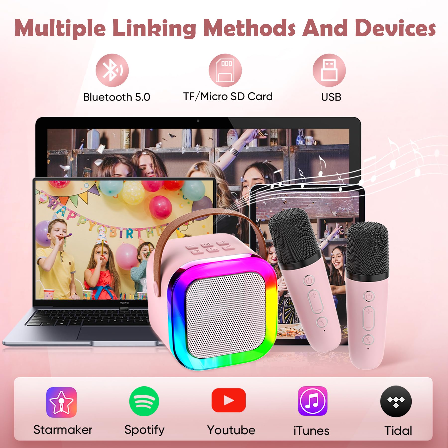 Aplsinvivi Mini Karaoke per bambini, altoparlante karaoke portatile per bambini con microfono wireless, regali per ragazze di 4, 5, 6, 7, 8, 9, 10, 12 anni + festa di compleanno, Pink