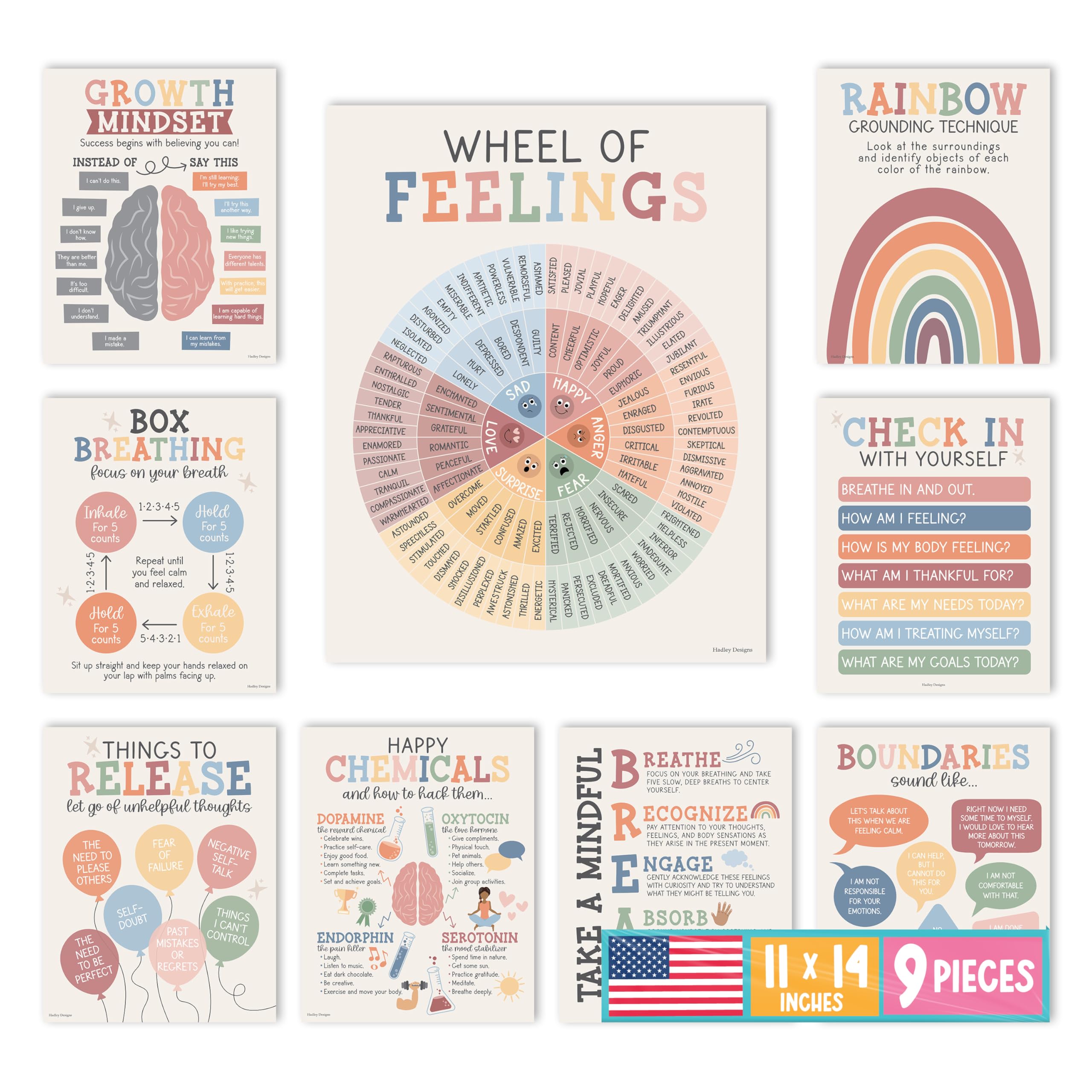 Hadley Designs 9 Mental Health Posters for Classroom - School Counselor Office Must Haves, Mental Health Therapy Office Decor, Growth Mindset Posters,