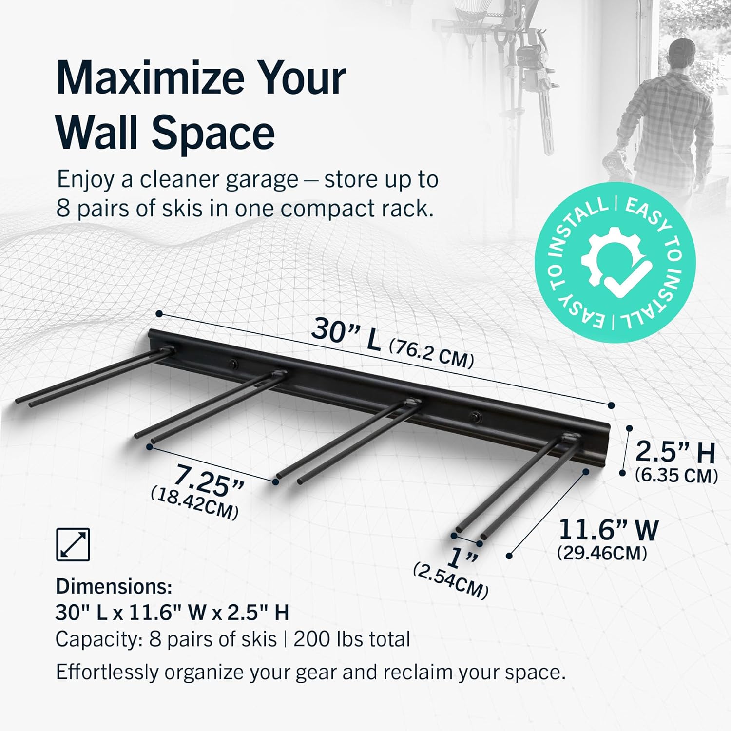 StoreYourBoard Ski Rack Wall Mount – Heavy-Duty Steel Ski Wall Mount Holds Up to 8 Pairs of Skis, Space-Saving Ski Rack for Garage, Home, or Cabin – Durable Wall Storage Organizer - Holds Up to 200lb - Image 3