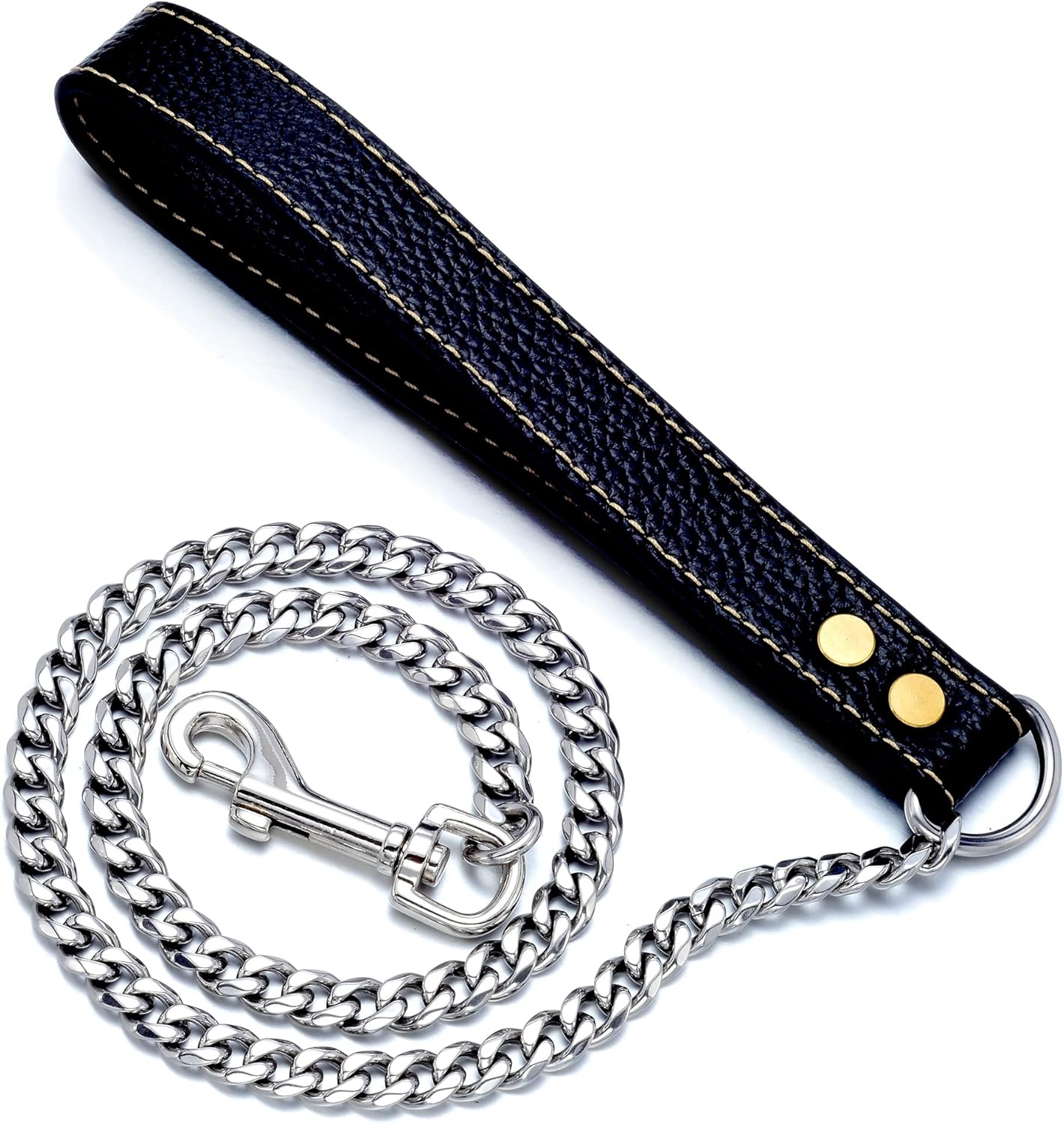 Dog Chain Leash 3FT 4.3FT Stainless Steel 10mm Cuban Link Dog Leash with Comfortable Genuine Leather Handle for Puppy Small Medium Large Dogs(G, 4.3FT)