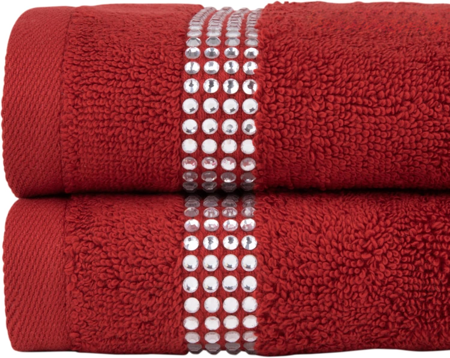 Sparkles Home Stripe Fingertip Towel (Set of 2), 100% Turkish Cotton, Glass Rhinestones, 13", Machine Washable, Red