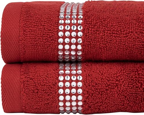 Miniatura 3 de Sparkles Home Juego de 2 toallas de rayas con punta de dedo, 100% algodón turco, diamantes de imitación de cristal, 13 pulgadas, lavable a máquina