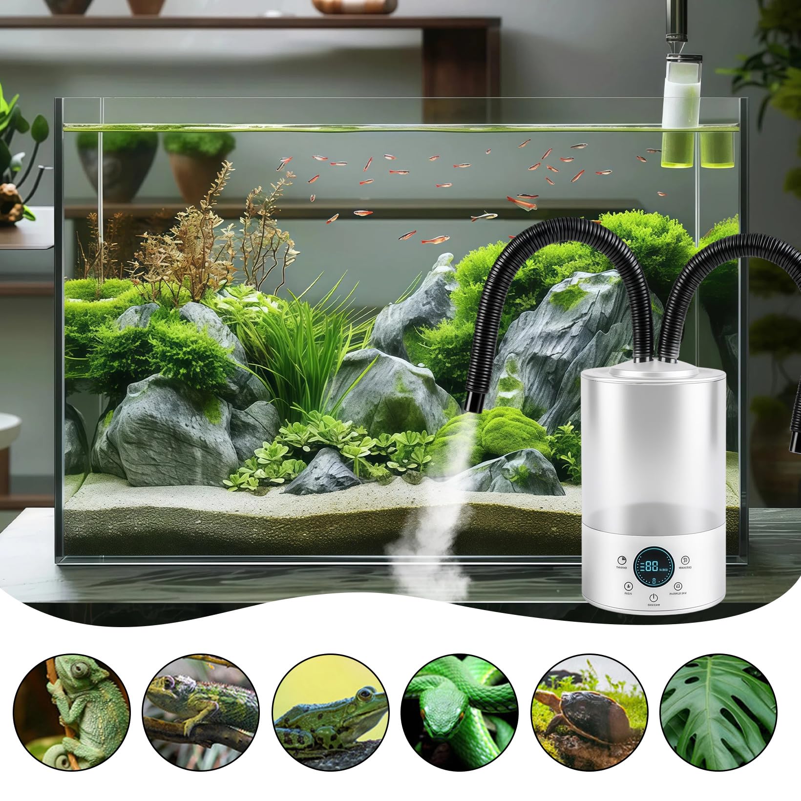 Humidificador de aire para reptiles de 4 litros, dispositivo de niebla de terrario con 420 ml/h y doble tubo, máquina de niebla para reptiles ultrasilenciosa, para terrario, apagado automático en