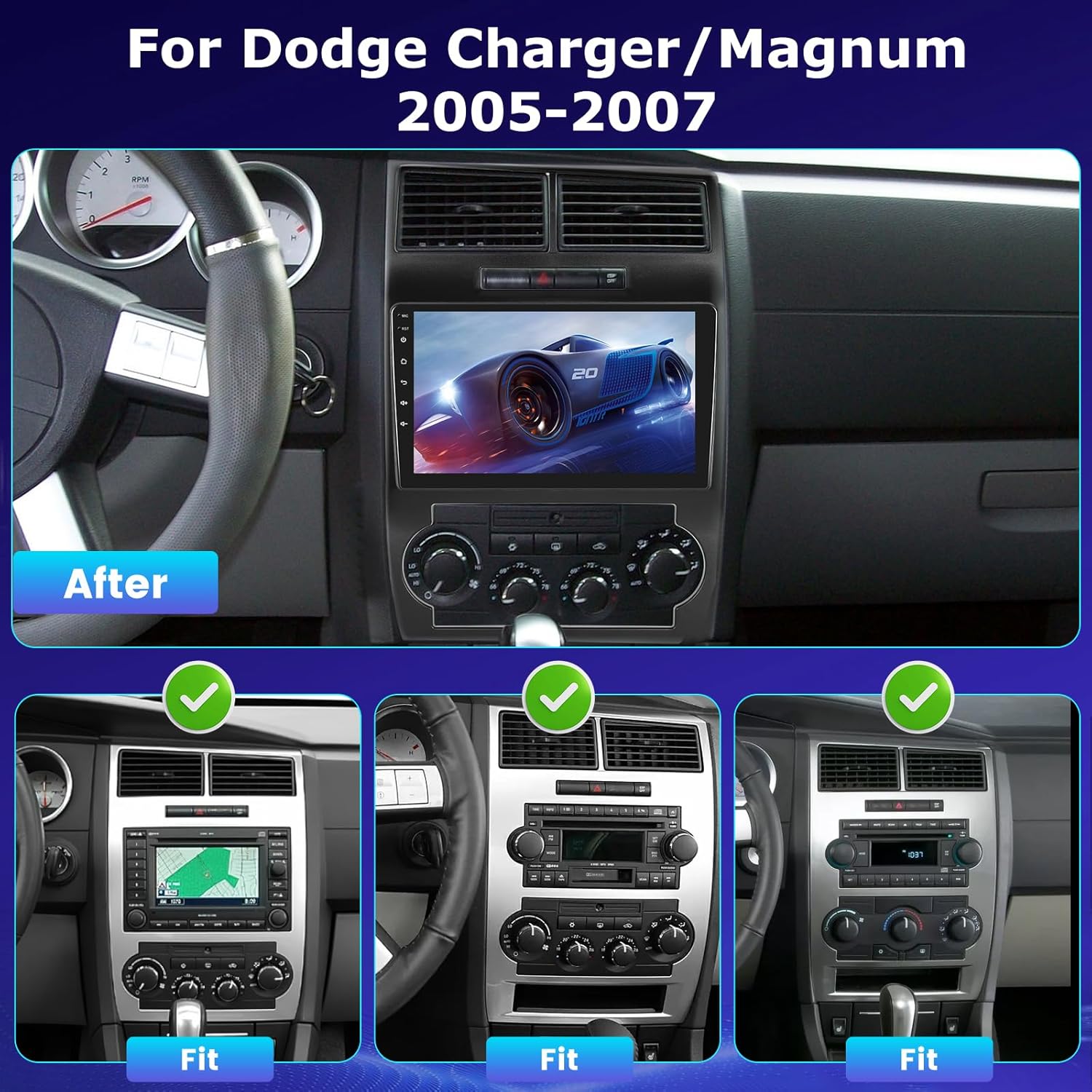 [4+64G] for Dodge Charger and for Dodge Magnum 2005-2007 Upgrade Radio: 9 inch IPS Touchscreen Android Charger Carplay Stereo - Wireless Android Auto, Custom Homepage, 5G/WiFi, DSP/EQ + Backup Camera 4 Core 4+64G with DSP/EQ