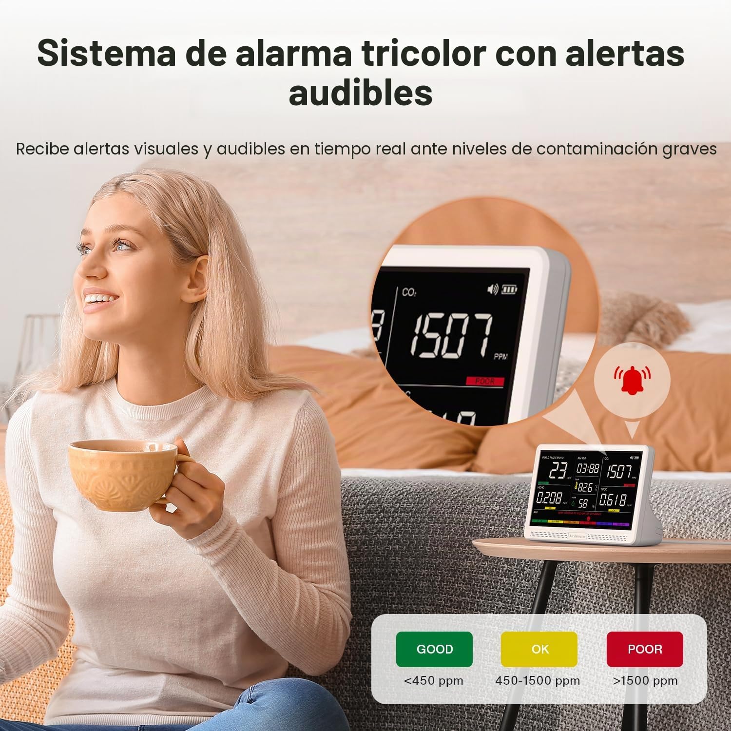 Monitor de calidad del aire 16 en 1 para interiores, pantalla de 7 pulgadas, 9 AQI+7 alertas de AQI, medidor de calidad del aire para CO2, TVOC, PM2.5 PM1.0 PM10, HCHO, temperatura humedad AQI y