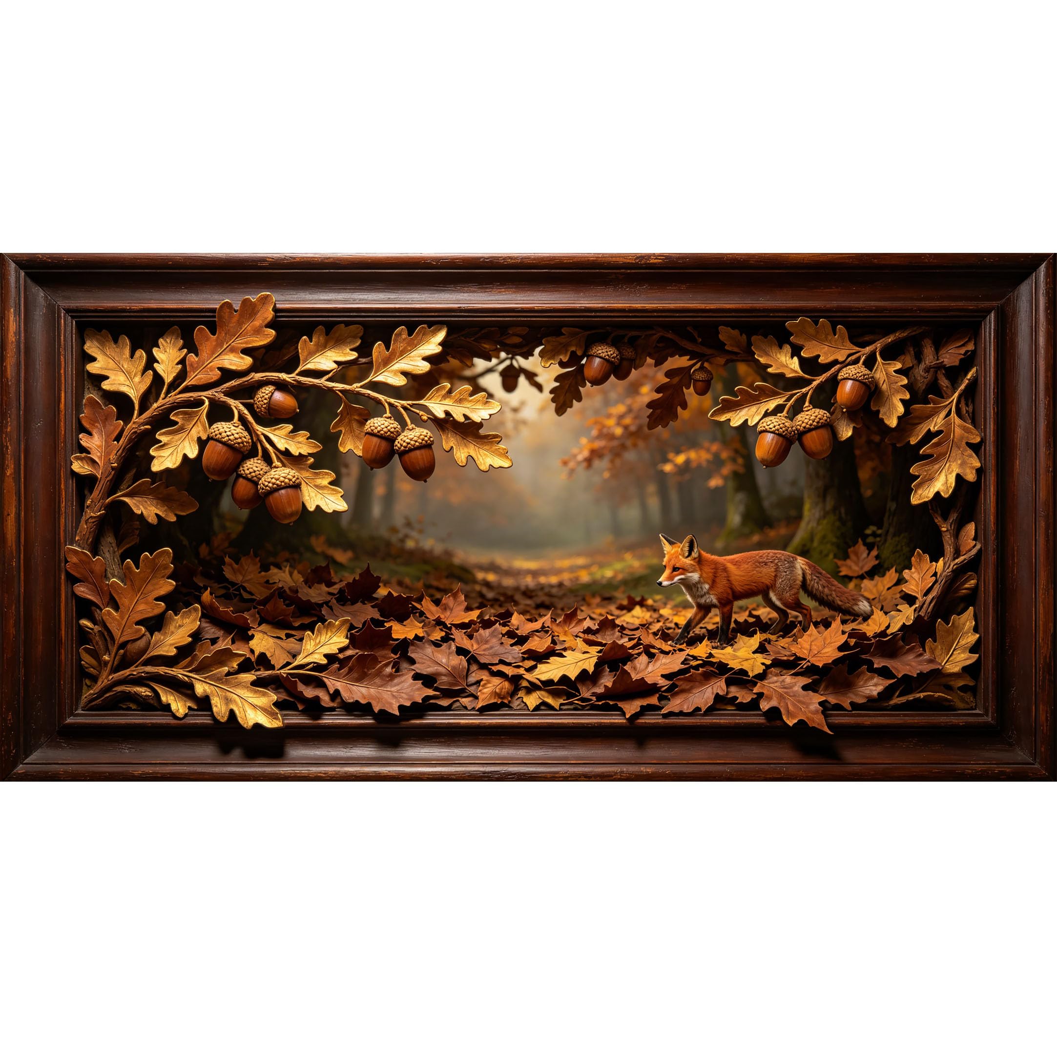Agglomerix 3D Framed Wall Art Autumn Forest Fox Acorn Oak Leaves Landscape Large Size Self-Adhesive Removable Wall Decor Prints Artwork for Living Room Bedroom Office