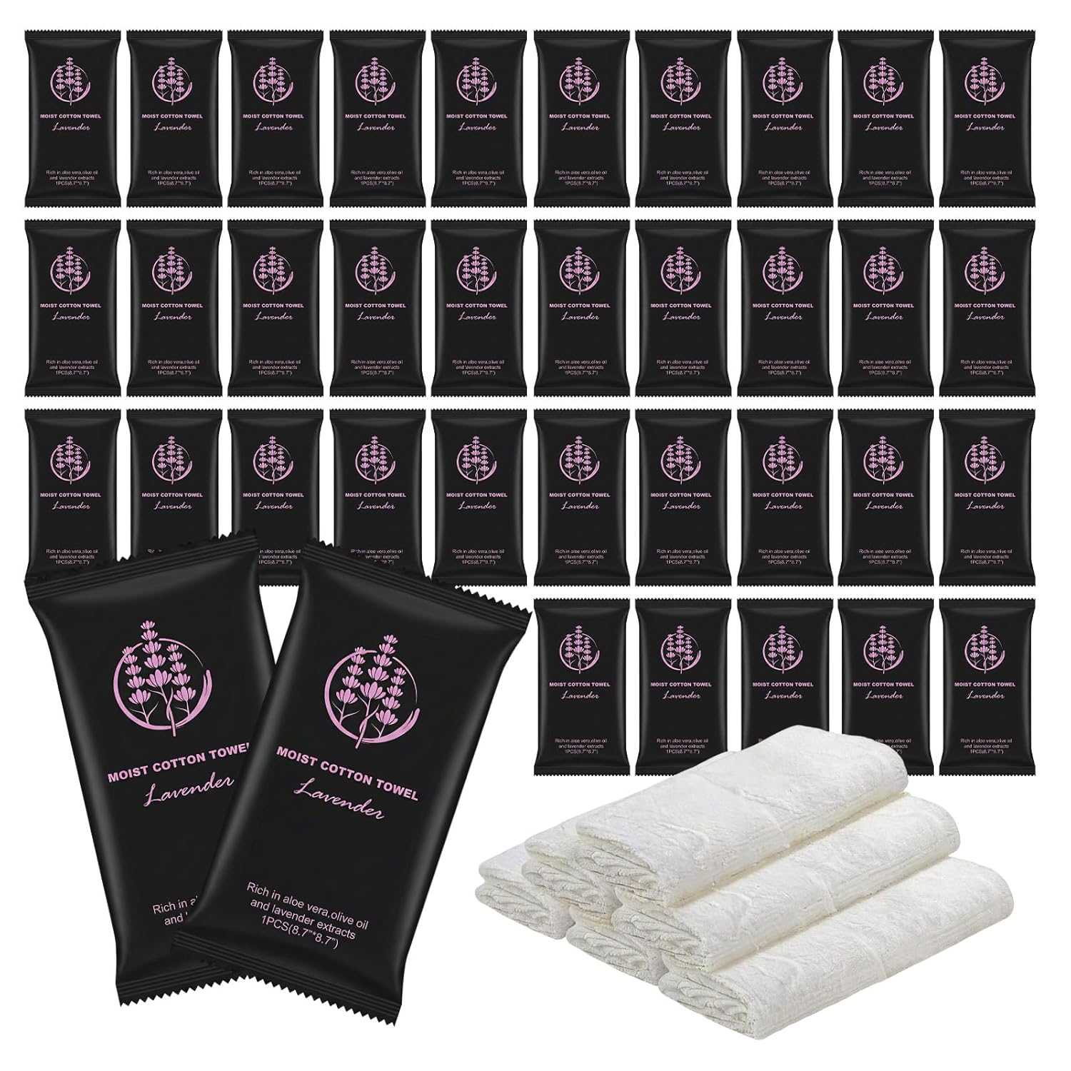 Moist Towels Bulk Disposable Towelettes Individually Wrapped Face Body Cotton Towel, 8.7"x 8.7" Cleansing Wet Wipes Pre Moistened Lavender Towel for Spa Travel Restaurant Hotel Sport (Pack of 50)
