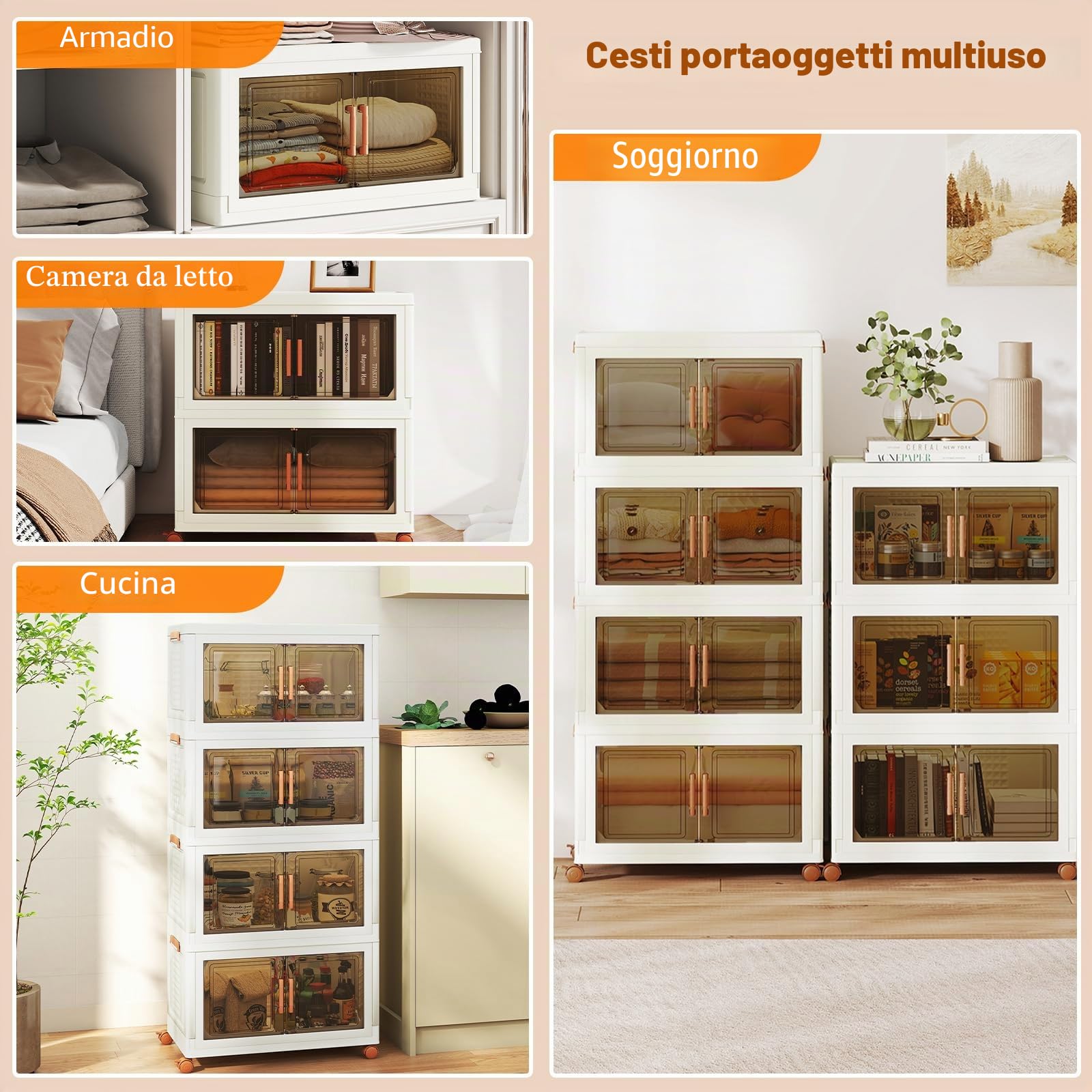 GIANTEX Contenitore di Archiviazione in Plastica, Organizzatore Impilabile con Coperchi e Porte, 4 Ruote, Scatole Organizzatore Pieghevoli per Soggiorno, Camera da Letto (62,5 x 34,5 x 130,5 cm)