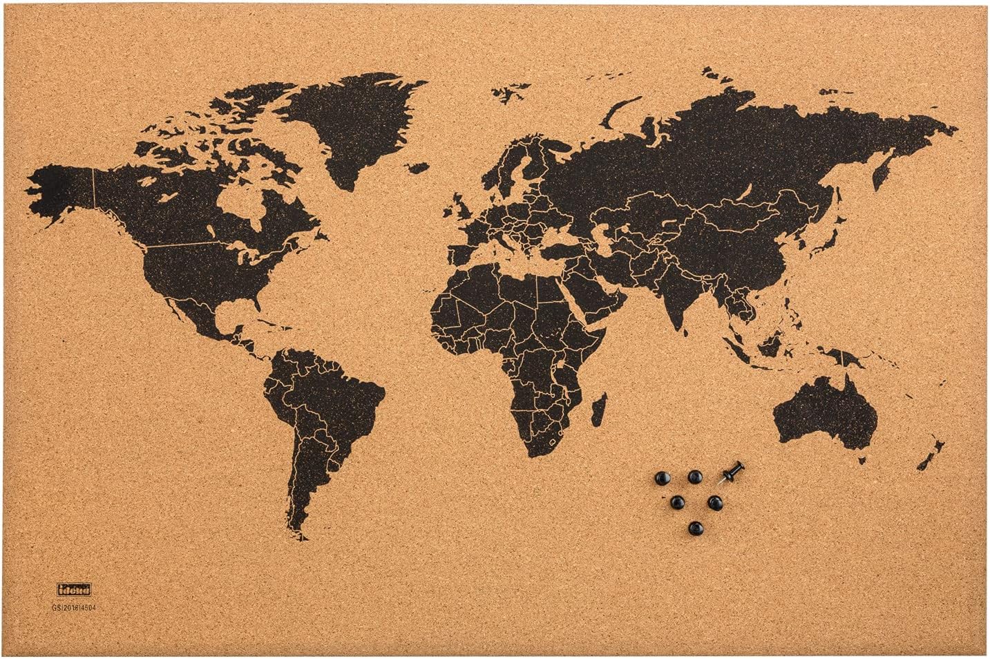 Idena 10415 - World Map Cork Pin Board with Black World Map with 6 Pins 60 x 40 cm Ideal for Wall Art, Decoration and Workplace