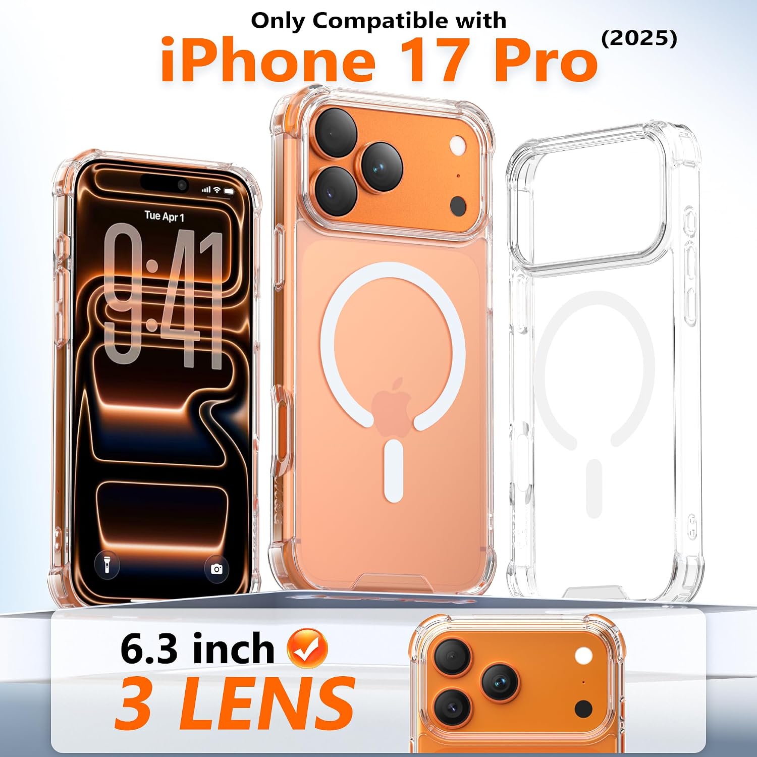 EZ-GLAZ for iPhone 17 Pro Case 6.3", [Magnetic Series] [Not Yellowing] Military-Grade 4-Corner Shockproof Case, Fits MagSafe, with 2 Pack Privacy Screen Protector & 1 Pack Camera Lens Cover, Clear