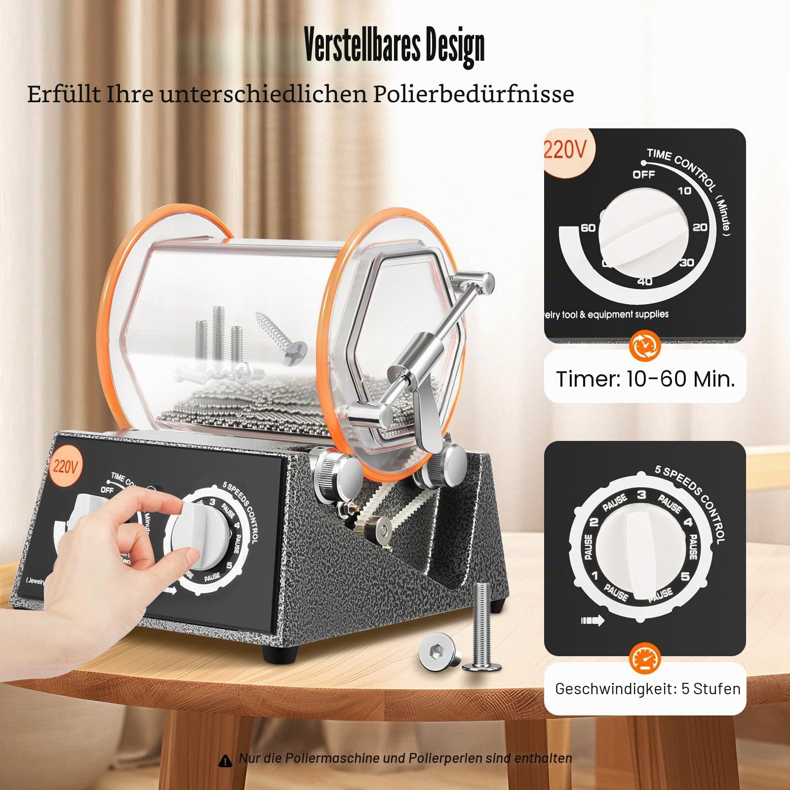 Poliermaschine für Schmuck, 3 kg Kapazität, 45W, 3500 U/min, 5 Geschwindigkeitsstufen, 10-60 Minuten Timer, Edelstahl-Polierkugeln, 220V