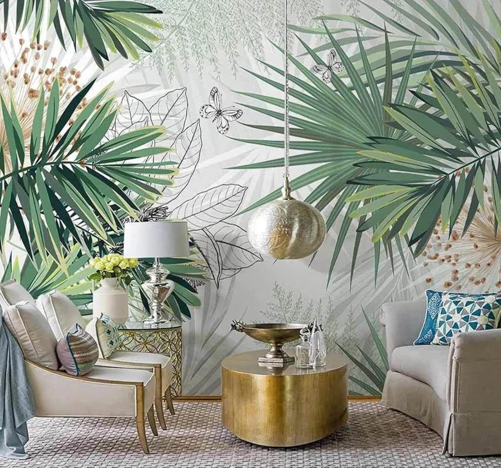 XLMING Fresh Green Plants Palm Leaves Butterflies 3D Wallpaper Luxury Silk Study Dining Feature Sofa Grey Bedroom Living Room Tv Decorative Wall-400cm×280cm