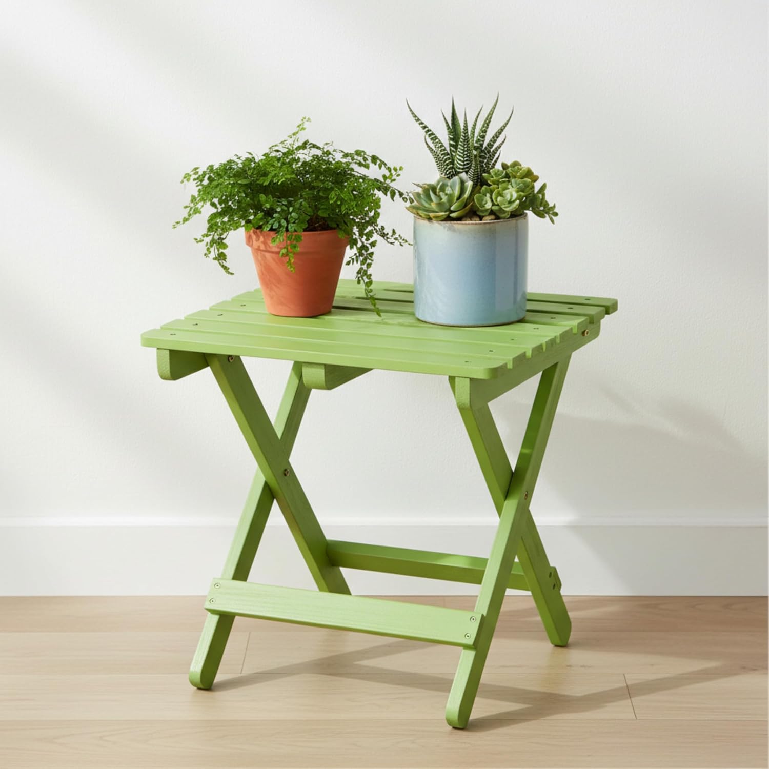Shine Company Square Wooden Folding Solid Wood Side Table, Outdoor Adirondack Small Patio Table, Lime Green