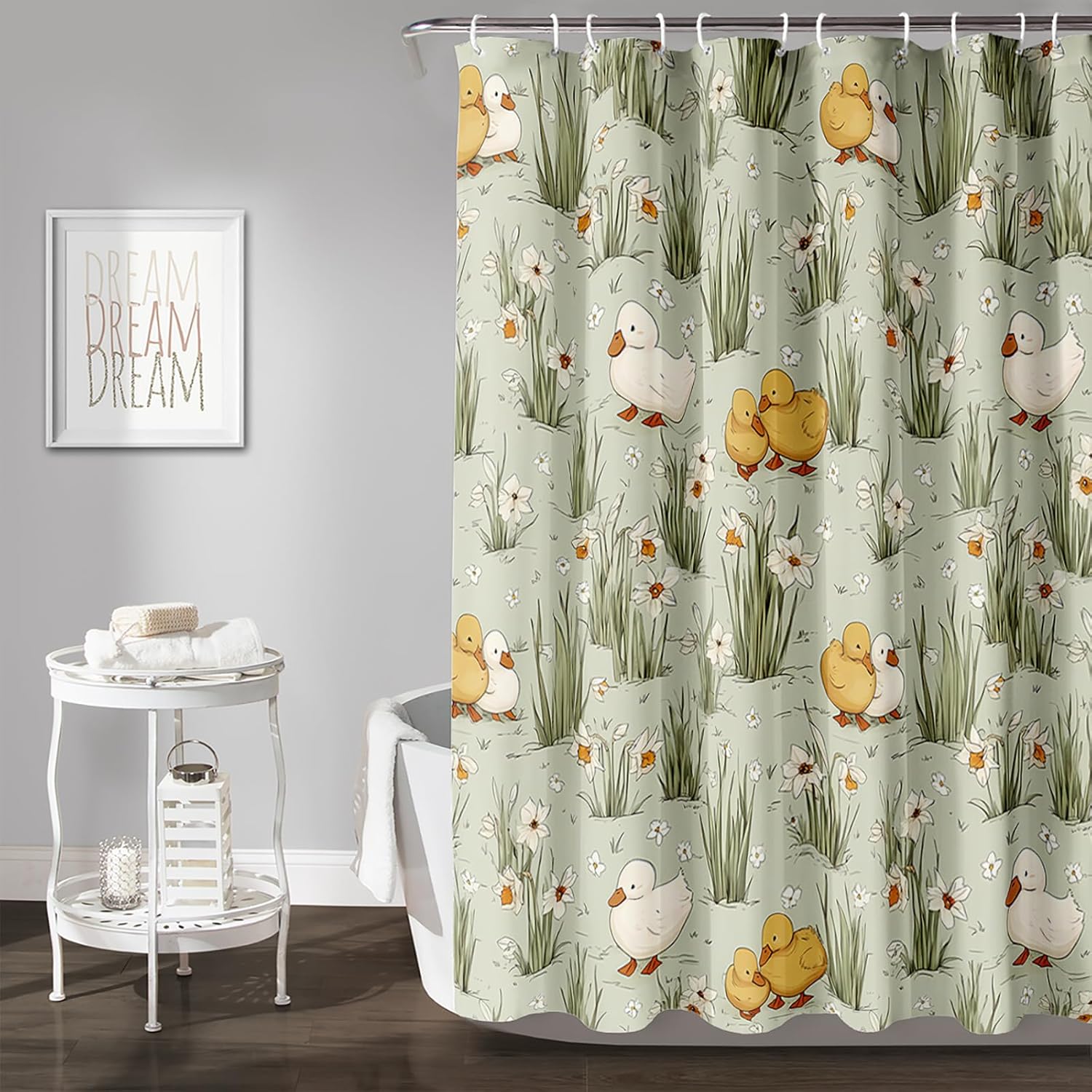 AILONEN Kawaii Duck Shower Curtain Set,Grass Green Bath Curtains for Kids Girls Boys Teens,Yellow and White Ducks Waterproof Shower Curtain with Hooks Bathroom Decor,72" Wx72 H