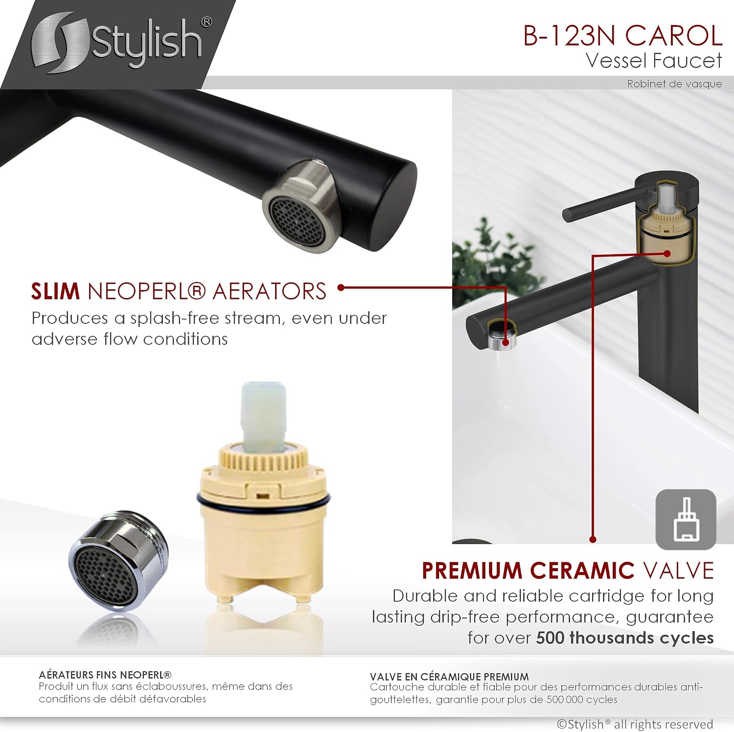 Stylish Single Handle Bathroom Faucet Solid Stainless Steel Construction 1 Hole Vessel Sink Faucet Matte Black Finish, B-123N
