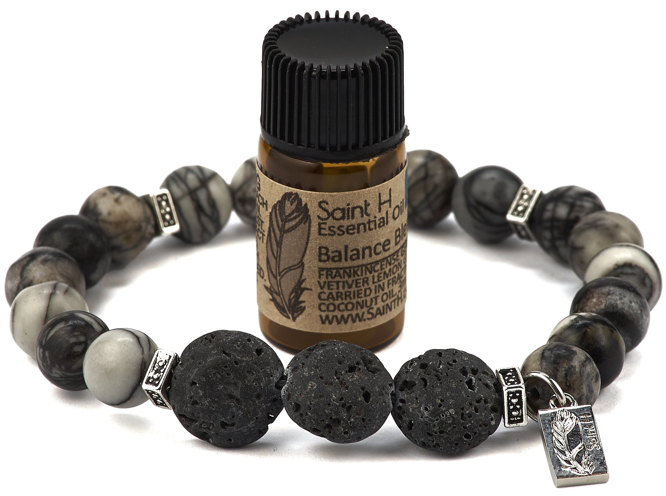 Saint H Black Webstone Lava Stone Diffuser Bracelet Includes Essential Oil Sample-Large