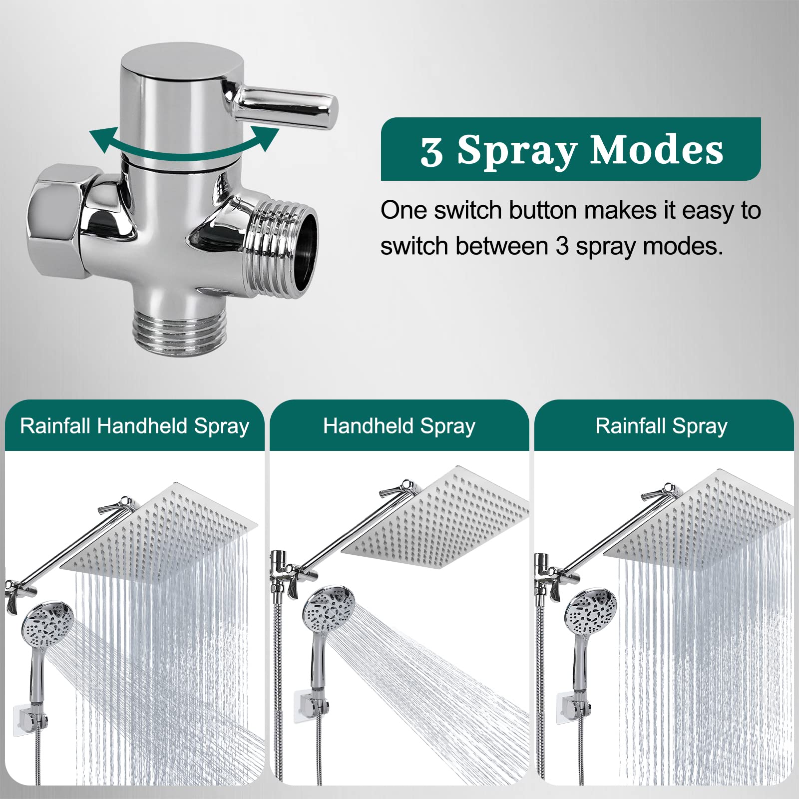 Rain Shower Head with Handheld, Lanhado 10'' High Pressure Shower Heads with 11'' Extension Arm, 9 Settings Handheld Shower Heads with Hose & Holder, Anti-leak Dual Rainfall Shower Head, Chrome