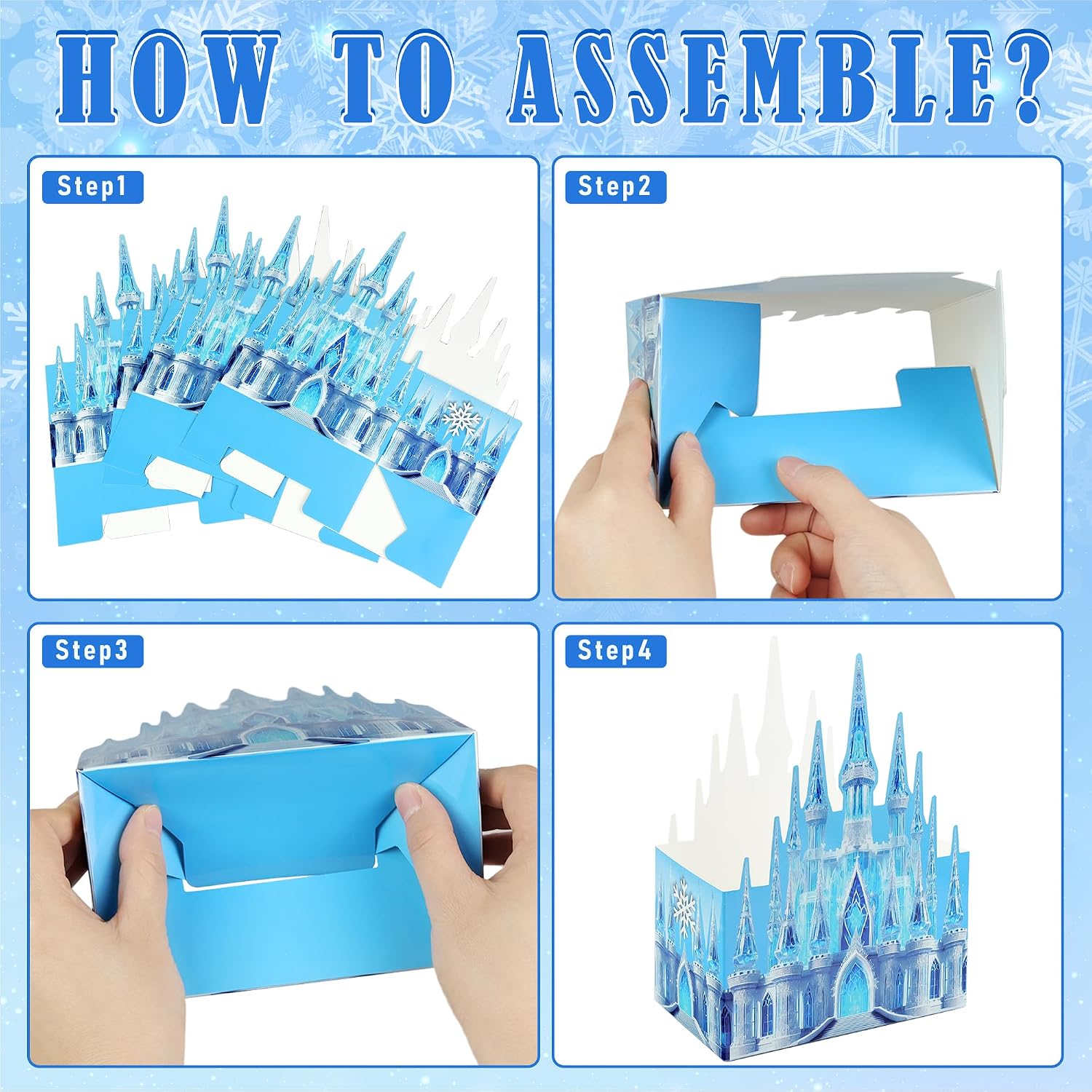 Snowflake Party Favor Castle Boxes 16Pcs Princess Popcorn Snacks Treat Box for Winter Snow Birthday Party Supplies Decorations (2 Designs)