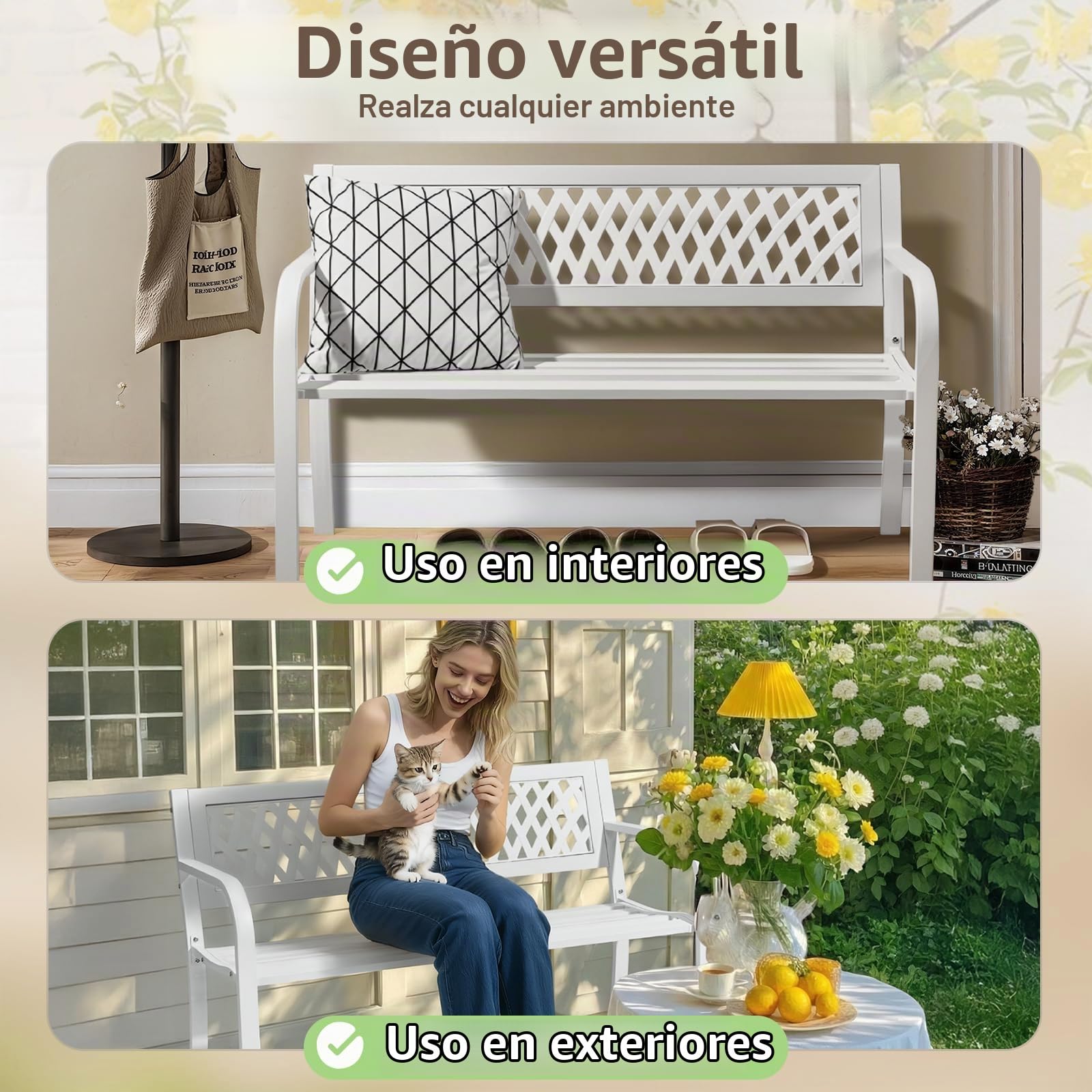 Bonnlo Banco de Jarín con Respaldo, Banco Metálico de 2 Plazas, 118x50x75 cm, Resistente y Duradero, para Jardín, Patio, Terraza, Parque y Exterior, Blanco
