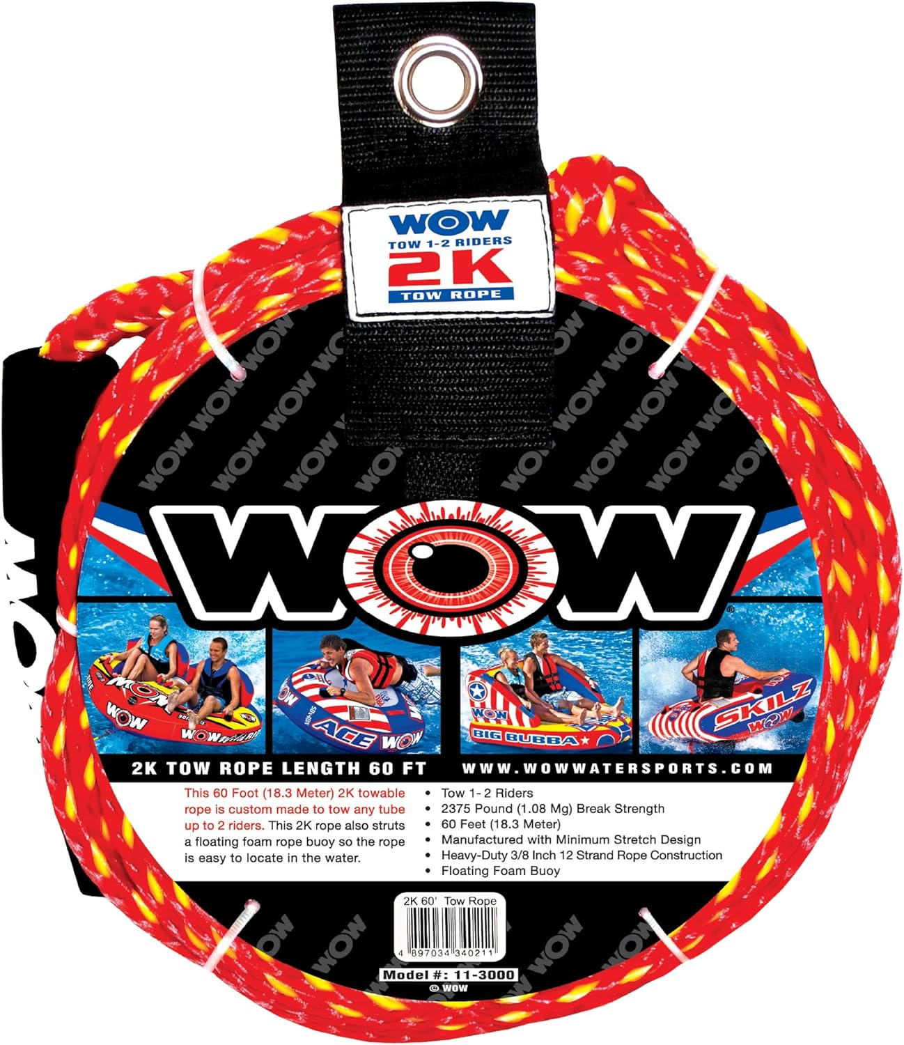 WOW Sports Born to Ride 1-2 Person Towable Tube World of Watersports 60 ft 2k Tow Rope with Foam Buoy for Boating