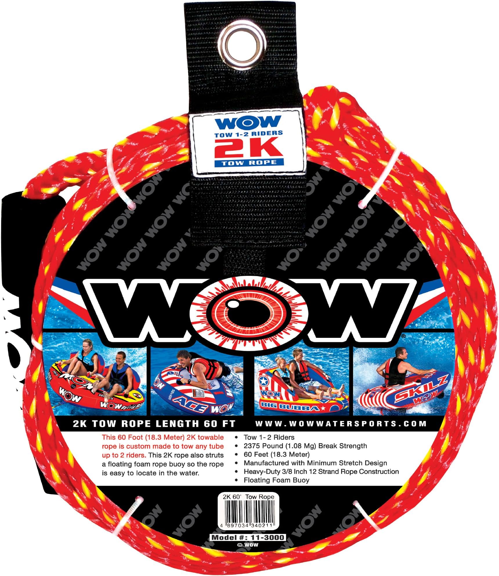 Wow World of Watersports, 11-3000, Tow Rope, 60 Feet, 2375 pounds Break Strength, Floating Foam Buoys