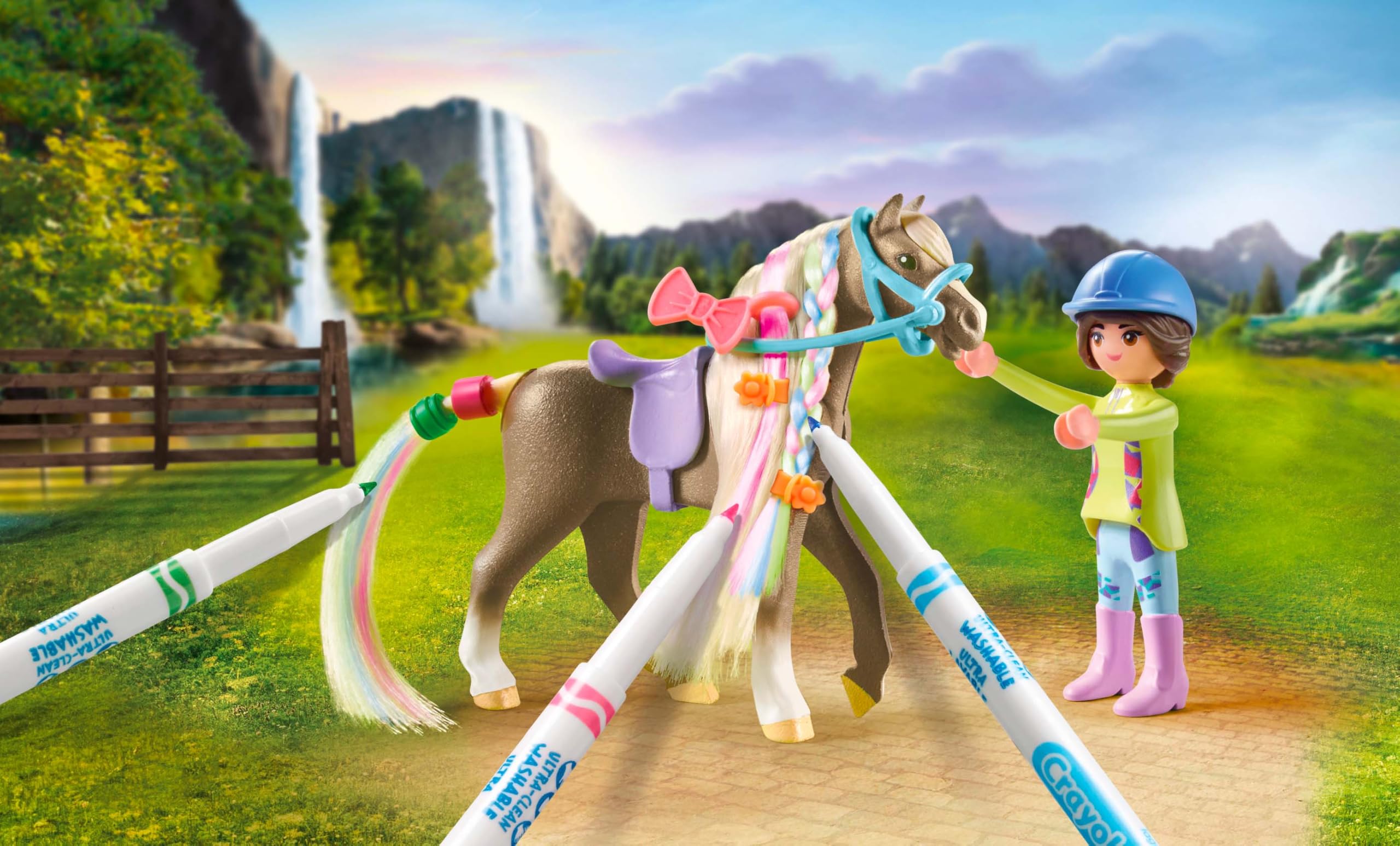 Playmobil 71640 Horses of Waterfall: Washable Horse Set, including a figure, a horse, and three CRAYOLA markers - Image 3