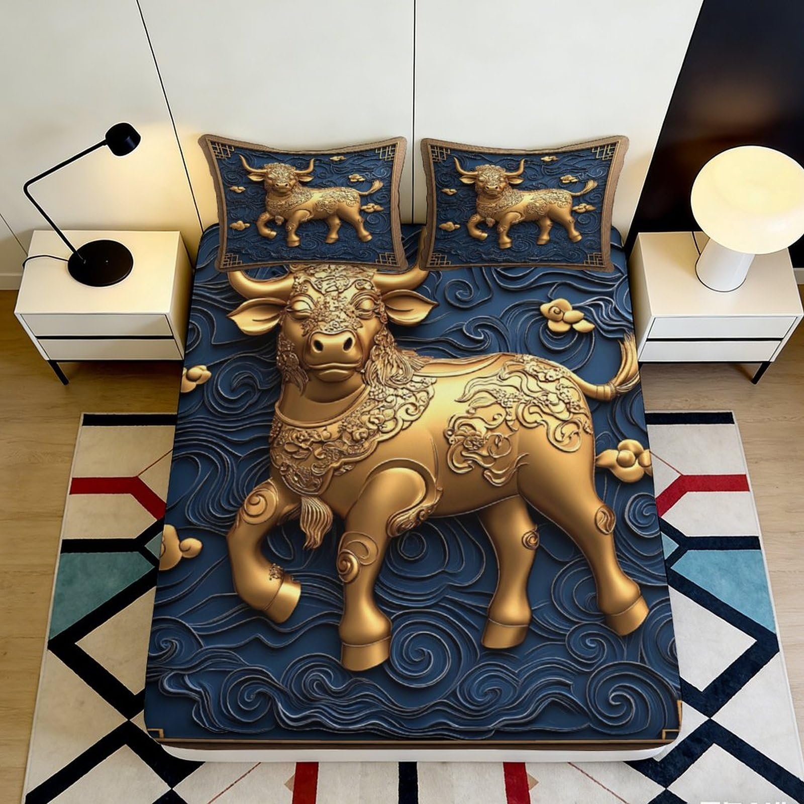 3D Printed Golden Bull Fitted Sheet Microfiber Deep Pocket Bedroom Bedding Set Gold Bull Mattress Fitted Cover Washable 140x200x25cm