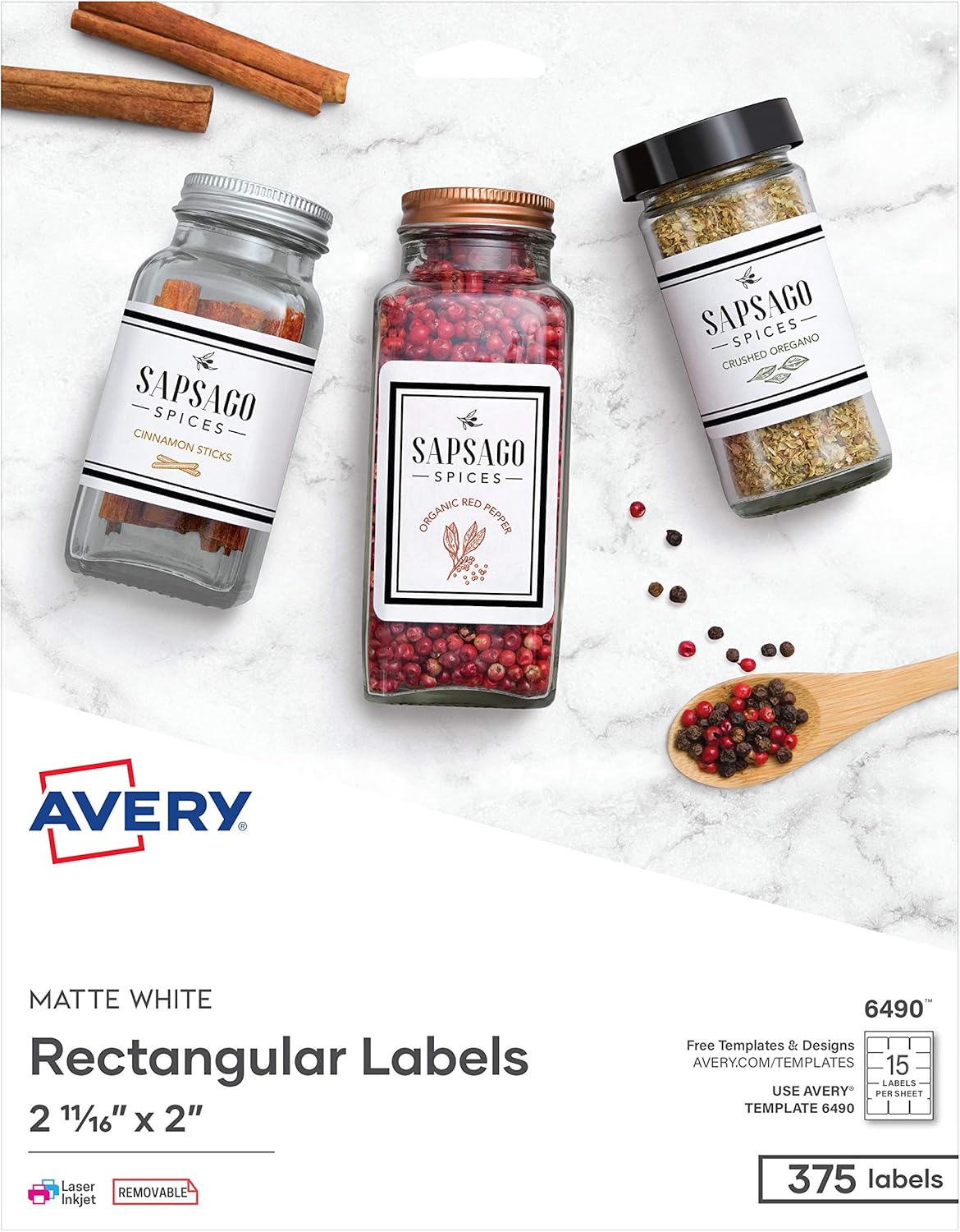 Avery Printable Blank Rectangle Labels, 2-11/16" x 2", Matte White, 375 Customizable Labels (6490)