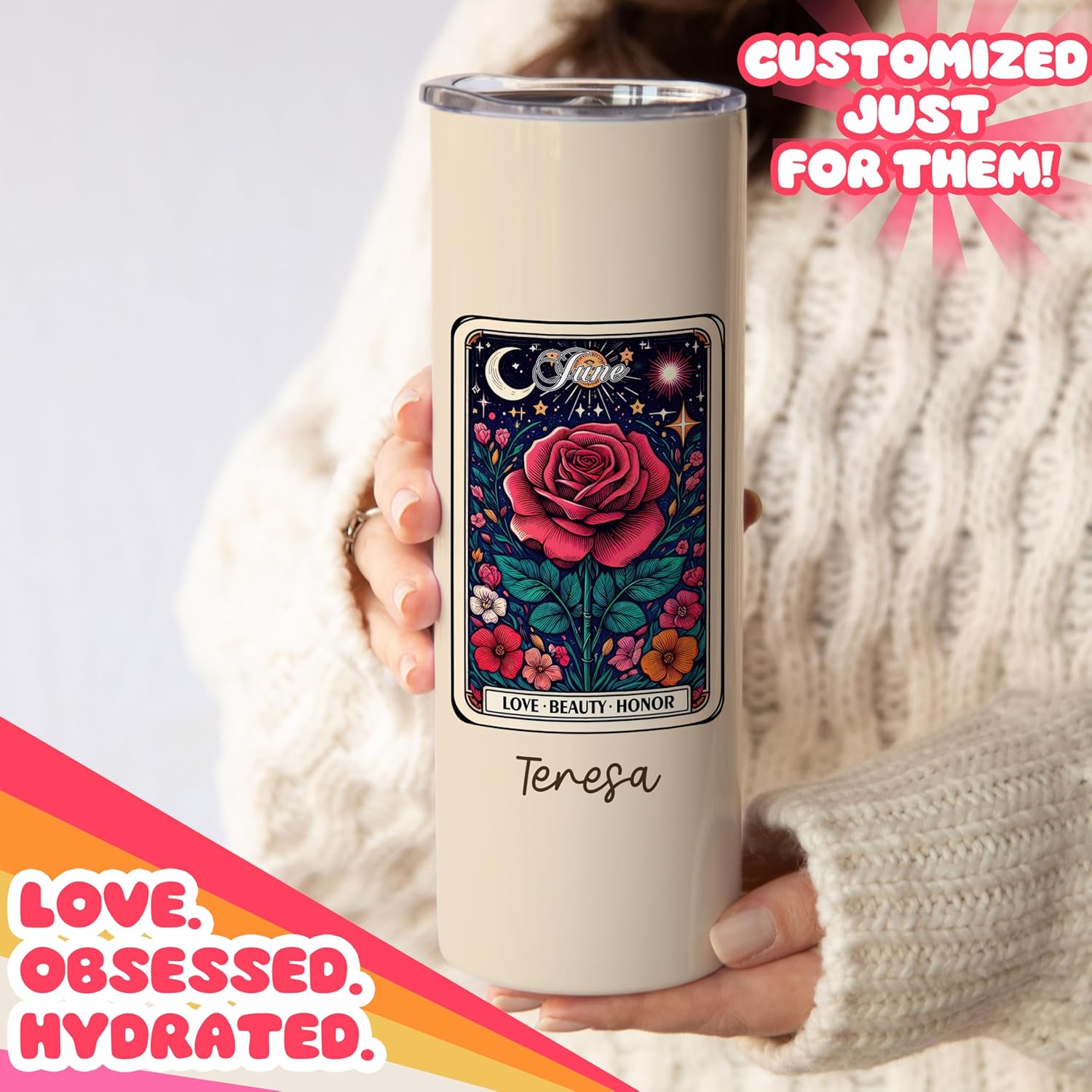 Personalized Birth Flower Tumbler: Floral Name Custom Travel Mug, Stainless Steel 20oz (JUN-Rose) - Image 2