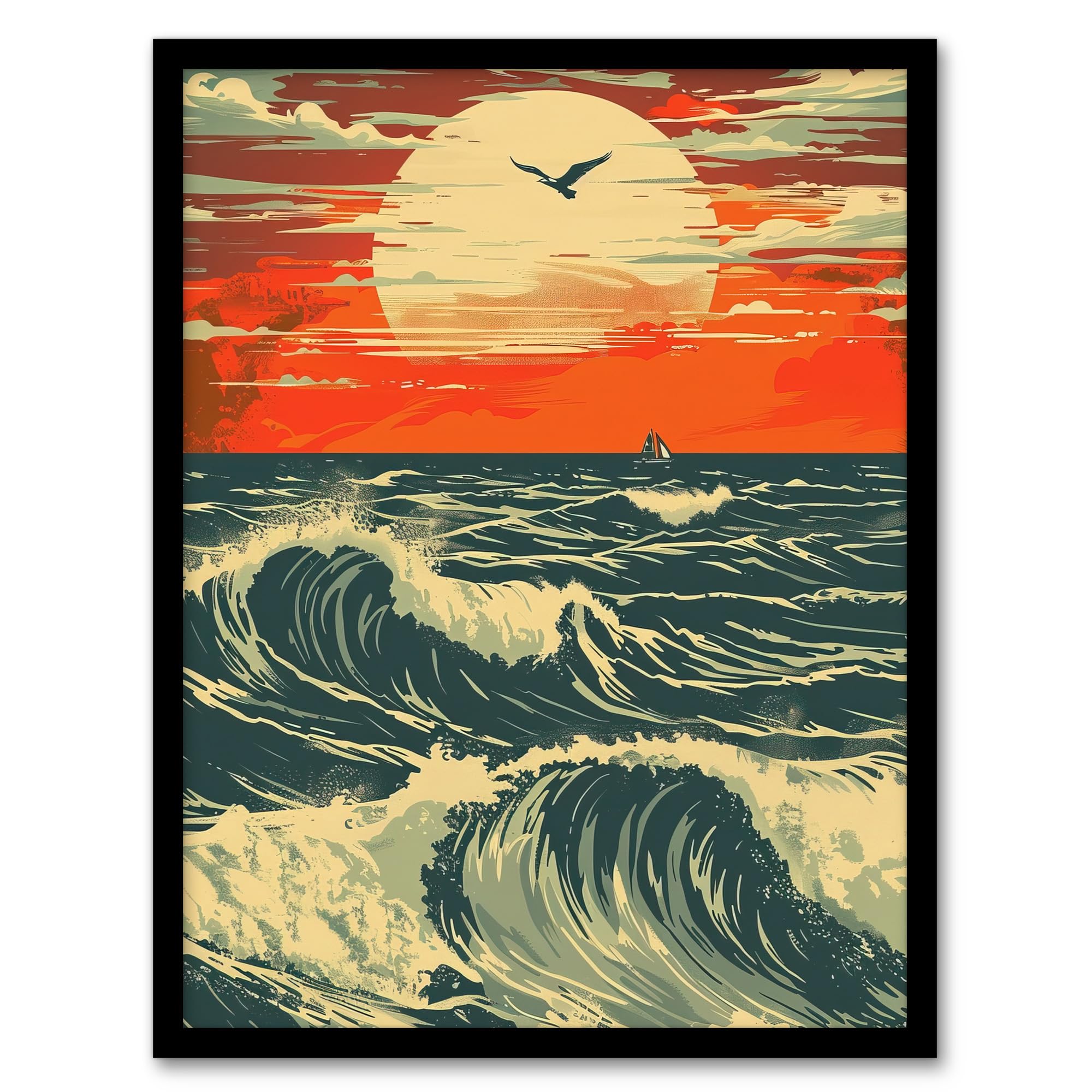 Artery8 Ocean Waves at Sunset Painting Seascape Bird Living Room Bathroom Artwork Framed Wall Art Print 18X24 Inch