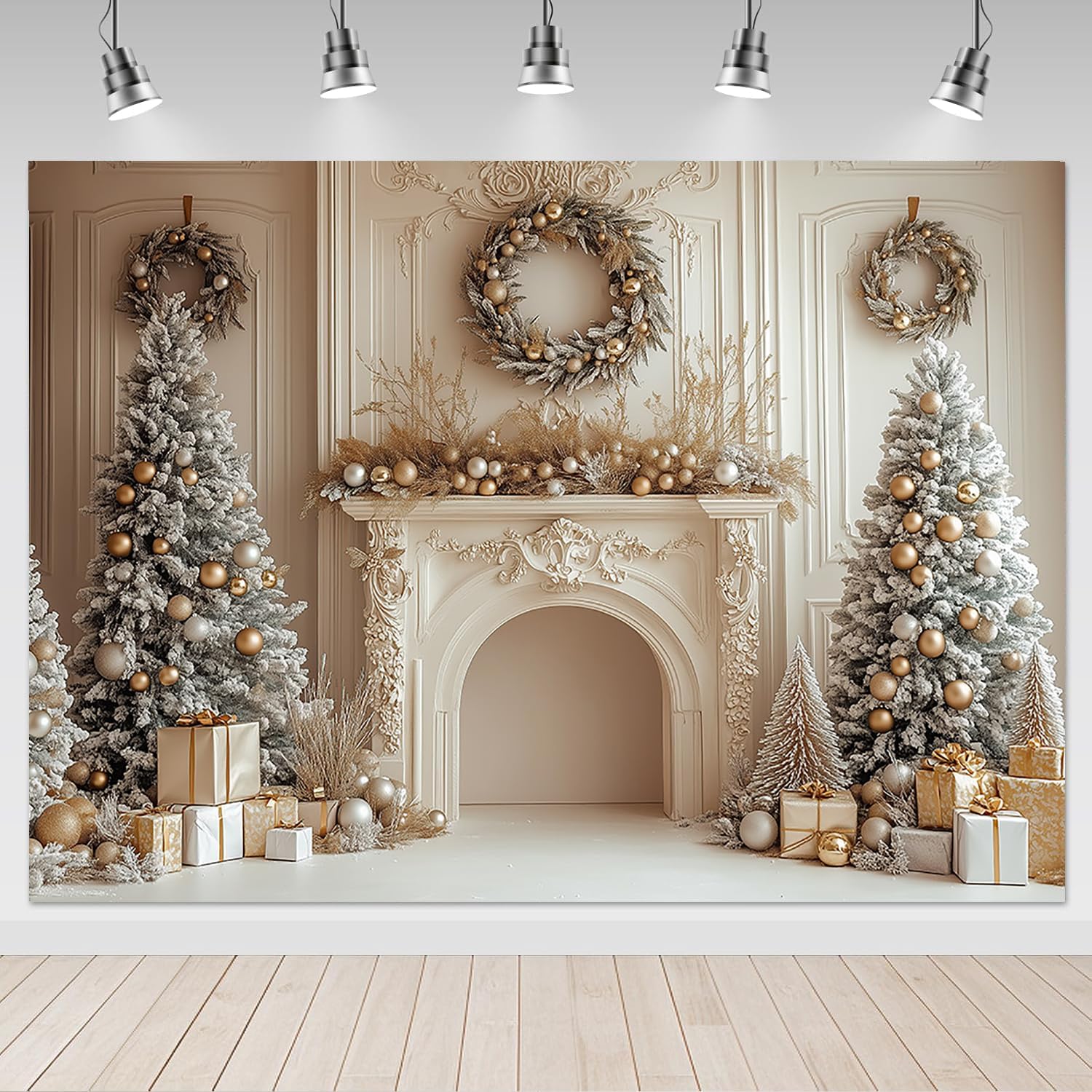 Amazon.com : Mocsicka 10x8ft Gold Christmas Backdrop Christmas Tree ...
