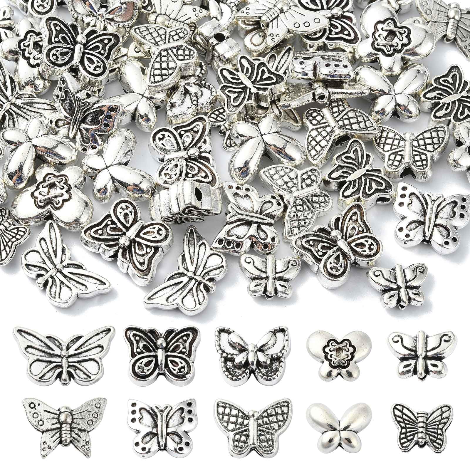 UR URLIFEHALL 60 Pcs 12 Styles Antique Silver Spacer Beads Tibetan Butterfly Beads Insect Animal Beads Spacers for Jewellery Making Crafts