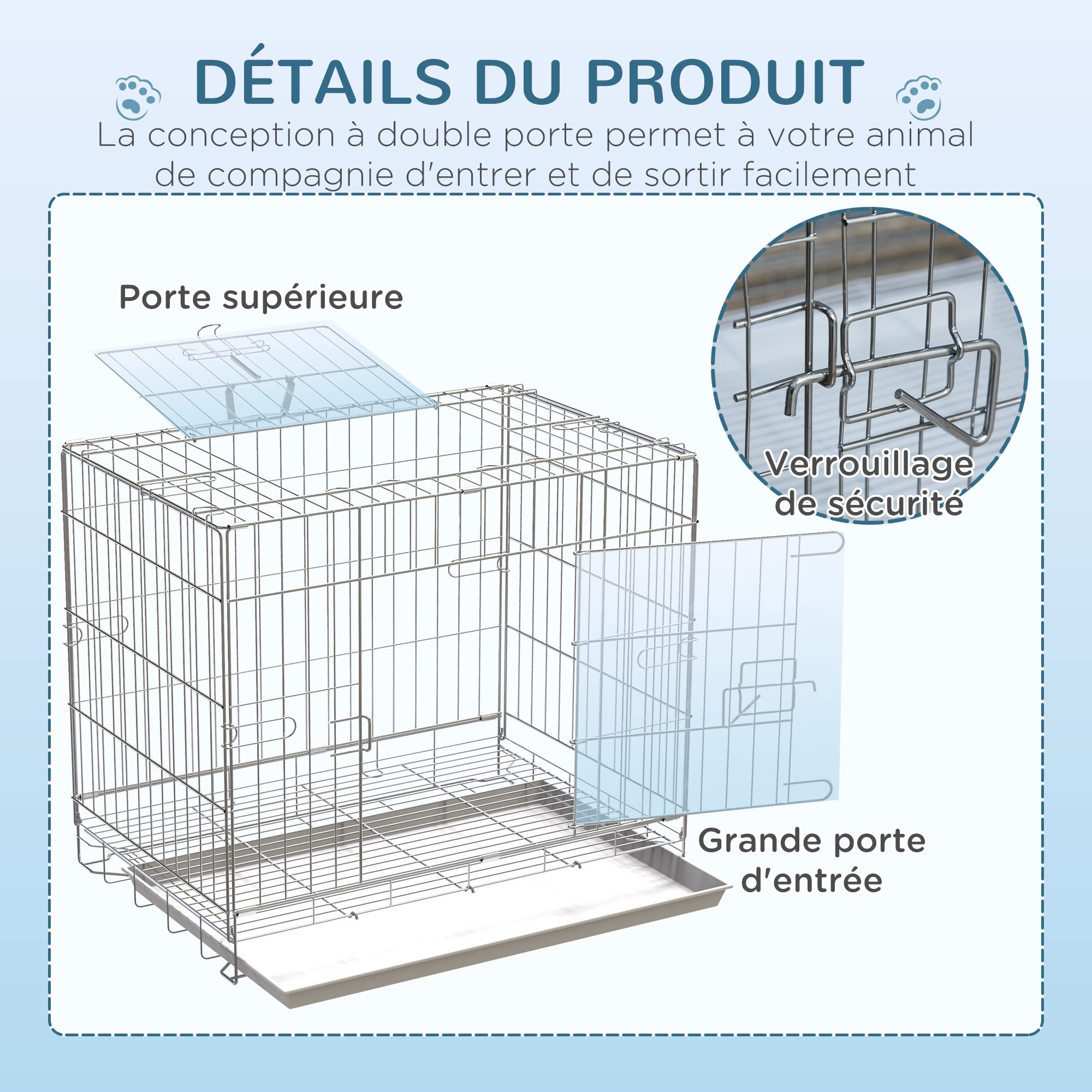 PawHut Cage pour Chien Pliable en Fil métallique avec Plateau Amovible, 1 Porte avec Serrure - 61 x 43 x 50 cm Blanc
