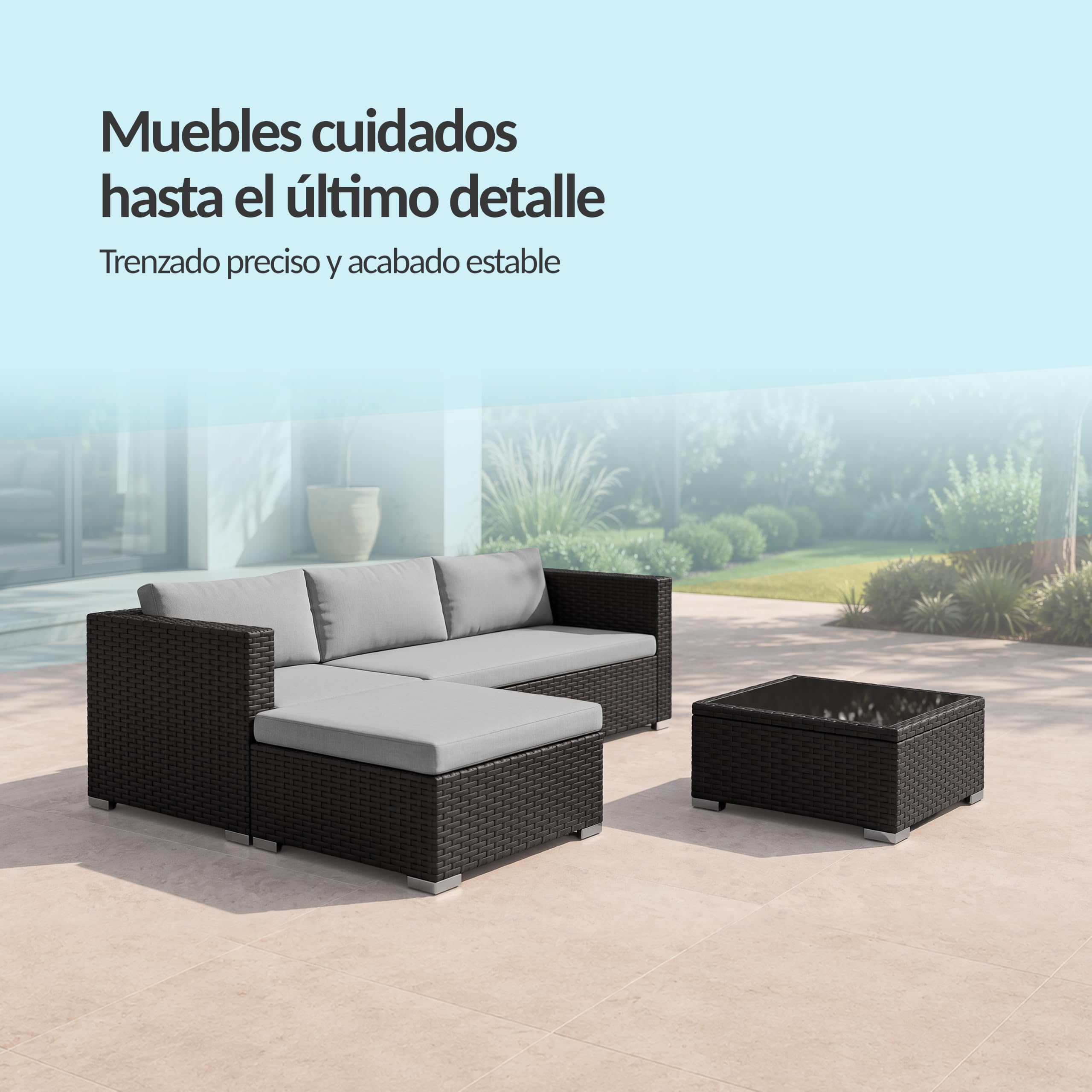 POKAR Rinconera Jardín Ratán Gris con Cojines Asiento y Respaldo Salvia