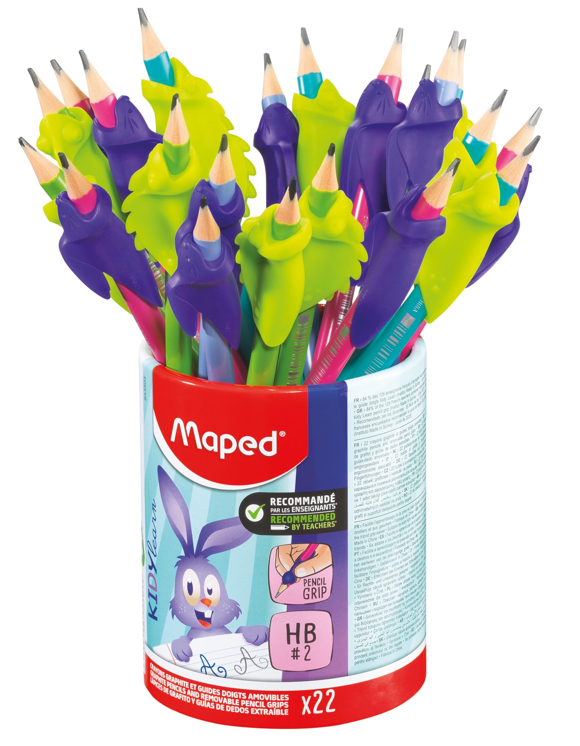 Maped - 22 Graphite HB Pencils + Kidy Learn Rabbit and Chameleon Finger Guide - Eraser Tip - Ideal for Learning to Write - Suitable for Ages 3 and Above