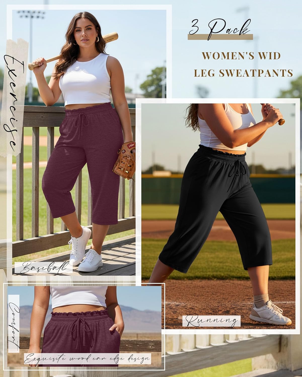 Neer 3 Pack Women's Plus Size Capris High Waisted Drawstring Wide Leg Cropped Sweatpants Lounge Yoga Pants with Pockets - Image 4