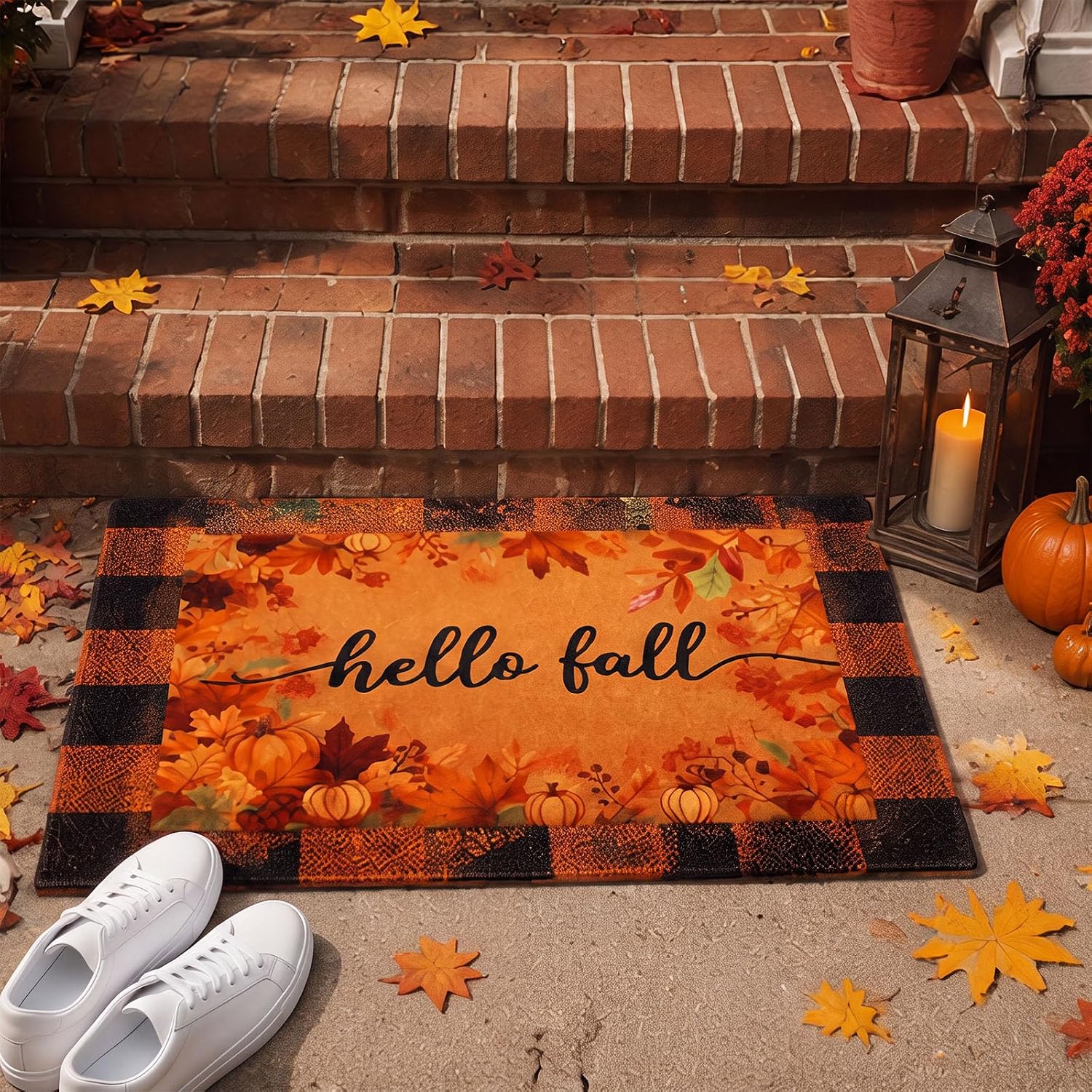 2 Pack Hello Fall Welcome Doormat, Orange Black Checkered Mat Non Slip