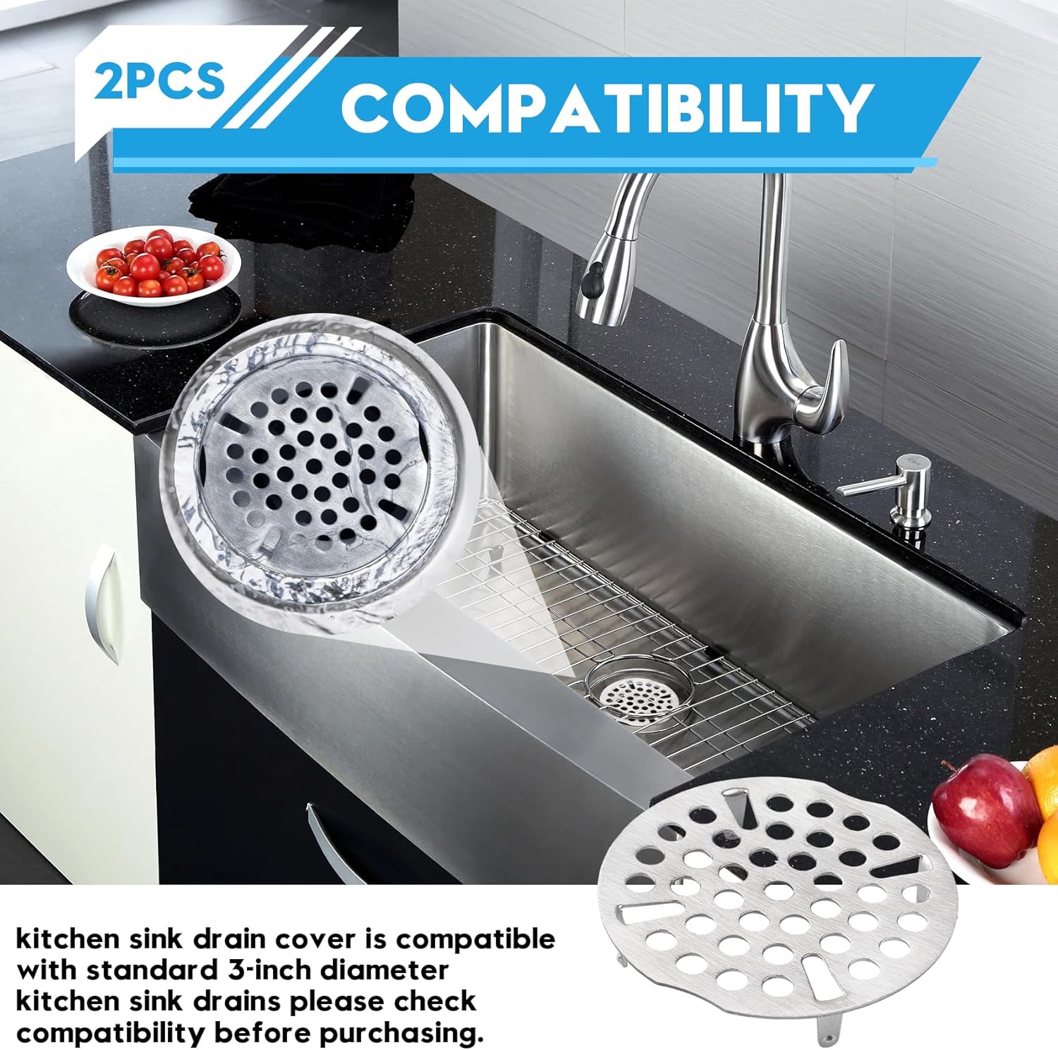 3 Inch Drain Cover Kitchen Sink Strainer, Kitchen Sink Strainer, Commercial Sink Drain, Flat Strainer, Durable Sink Strainer Basket, Replacement Drain Cover on 3-Inch Drain Pipe, 2-Pack