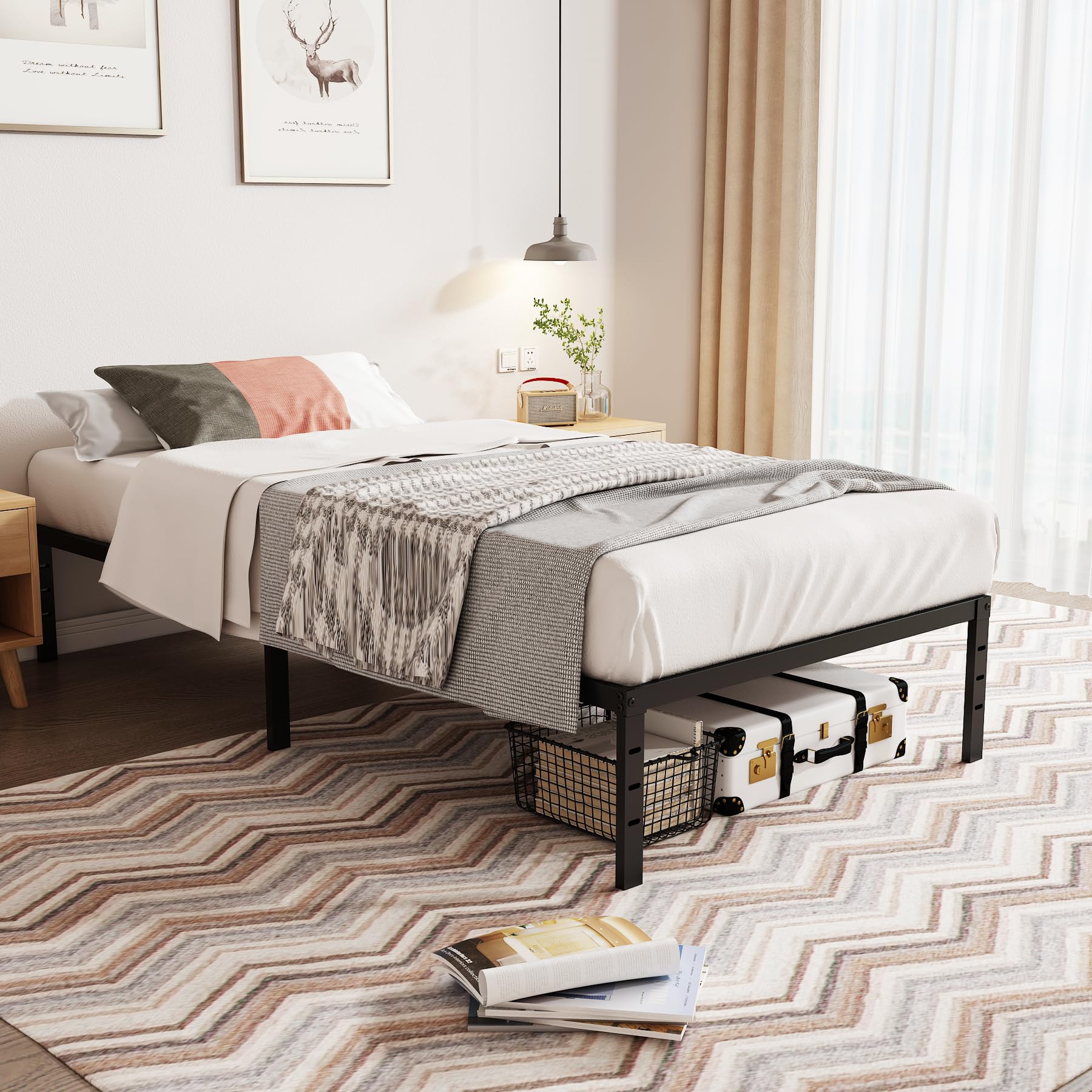 Mavesmog Twin Bed Frames 14 inch High Metal Platform Twin Size Bed Frame Heavy Duty Sturdy Steel Slat Support Foundation, No Box Spring Needed, Under Bed Storage, Easy Assembly