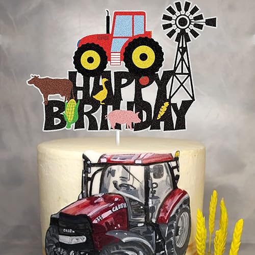 Miniatura 5 de Decoración para tartas de granja, feliz cumpleaños, tractor con purpurina negra, decoración de pasteles, rancho, vaca, cerdo, pato, granjero,
