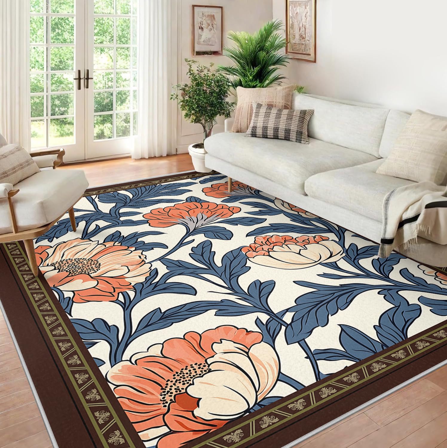 Dywan w stylu vintage, boho, do sypialni, 150 x 210 cm, nadaje się do prania, miękki, ultracienki, antypoślizgowy dywan z niskim runem, do pokoju gościnnego w biurze