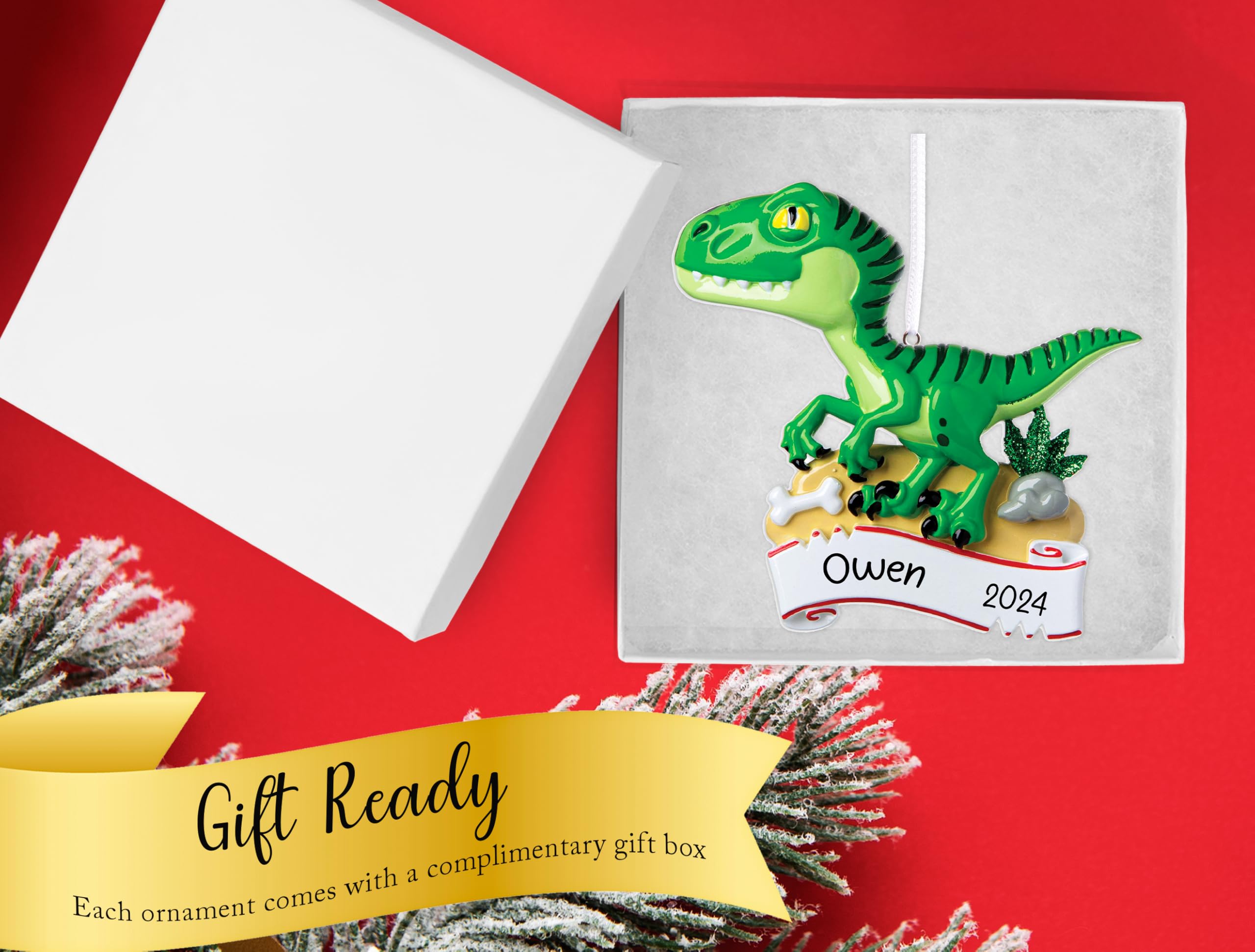 UniqXmas Personalized Dinosaur Christmas Ornament 2025 | Green Velociraptor Dino T-Rex Jurassic Animal Ornament – Funny Trex Decoration for Xmas Tree | Unique Keepsake Gift - Custom Name & Year