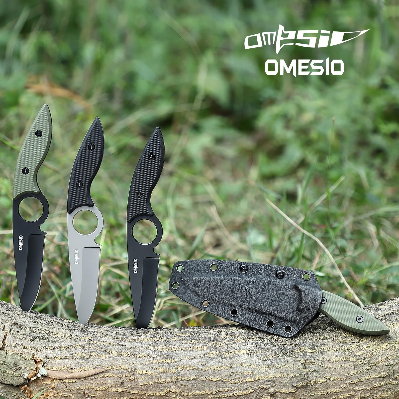 Omesio Couteau Outdoor 5CR13MOV acier Full tang couteau fixe lame drop-point 8,5 cm couteau de ceinture EDC avec Kydex fourreau(manche vert + lame blanche)