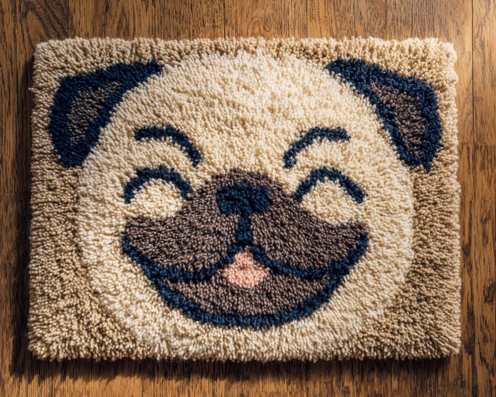 Wallphantom DIY Latch Hook Rug Kits for Adults,Happy Pug,Tapestry Pre-Printed Patterns Carpet Needlework Crochet Yarns Latch Hooking Mat Cushion for Home Decor,80x160cm