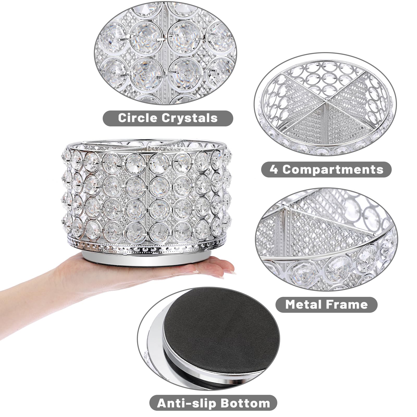 BTSKY Organizer da scrivania in cristallo, girevole a 360 gradi, con 4 scomparti, in metallo glitterato, elegante portaoggetti per la casa, regalo per donne, rotondo, 4 scomparti, argento