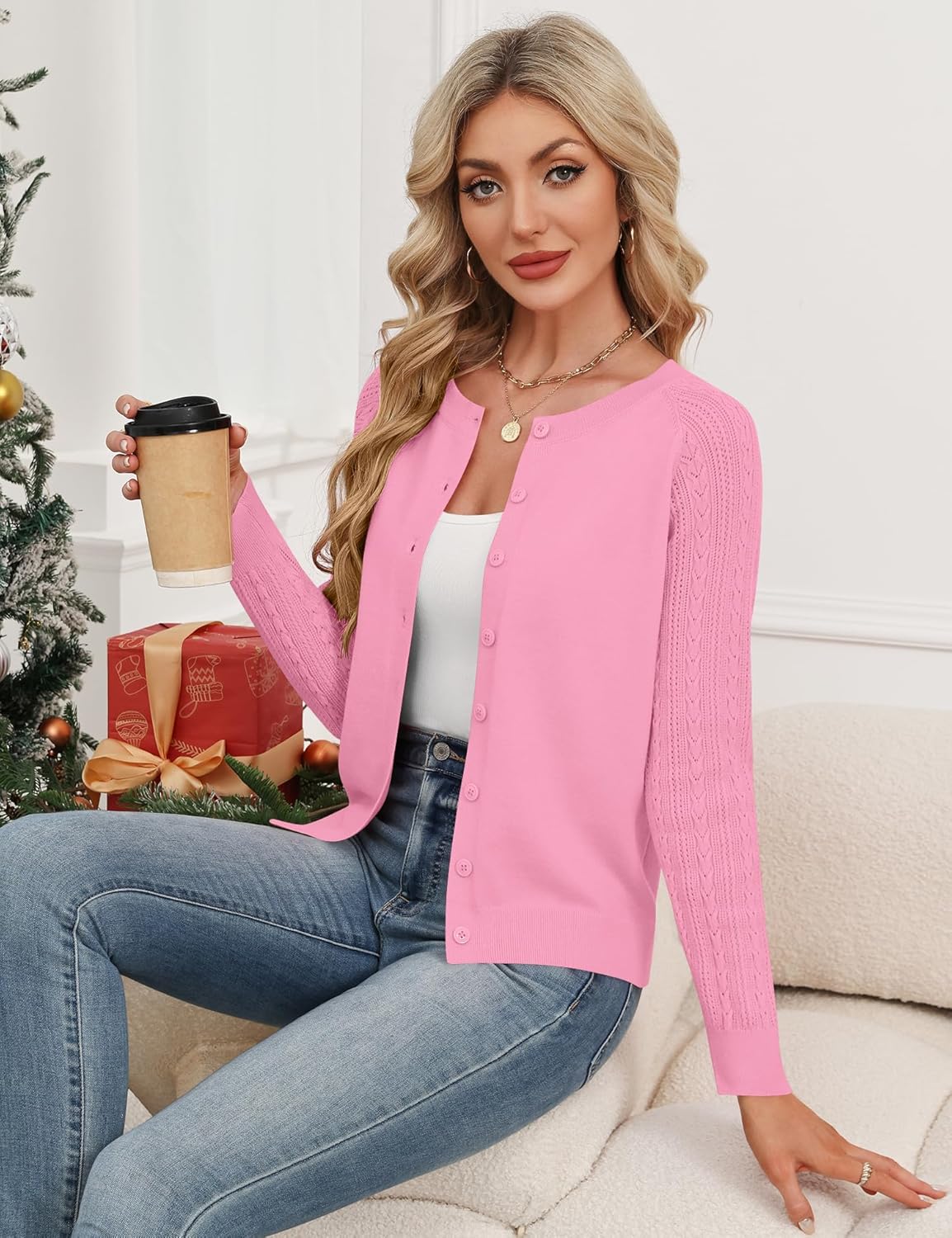 Ivicoer Women's Cardigan Sweater Button Up Cardigan Textured Sleeves Crew Neck Sweater Trendy Outfits 2026 - Image 4